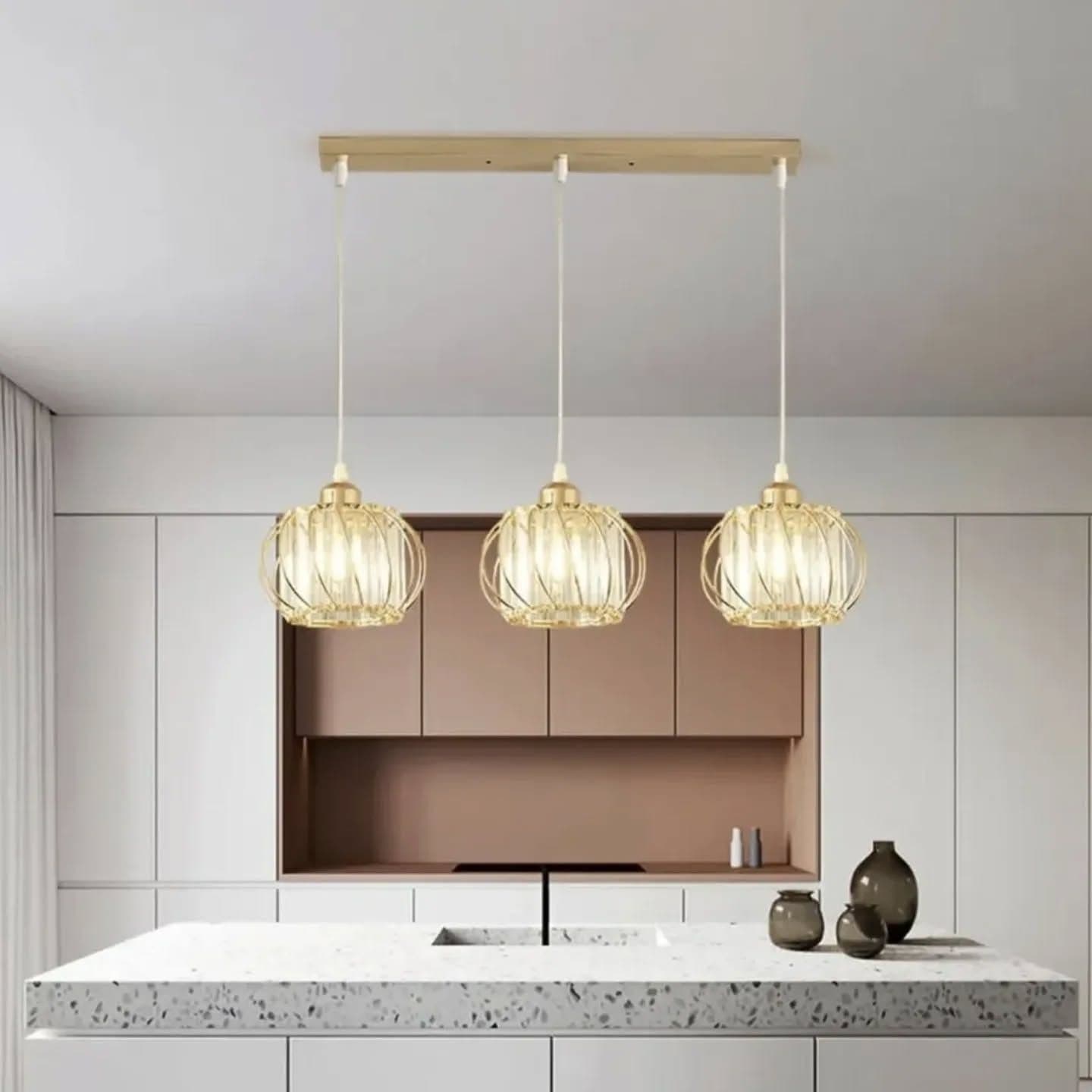 Modern Gold Wire Cage Faceted Glass Pendant Light