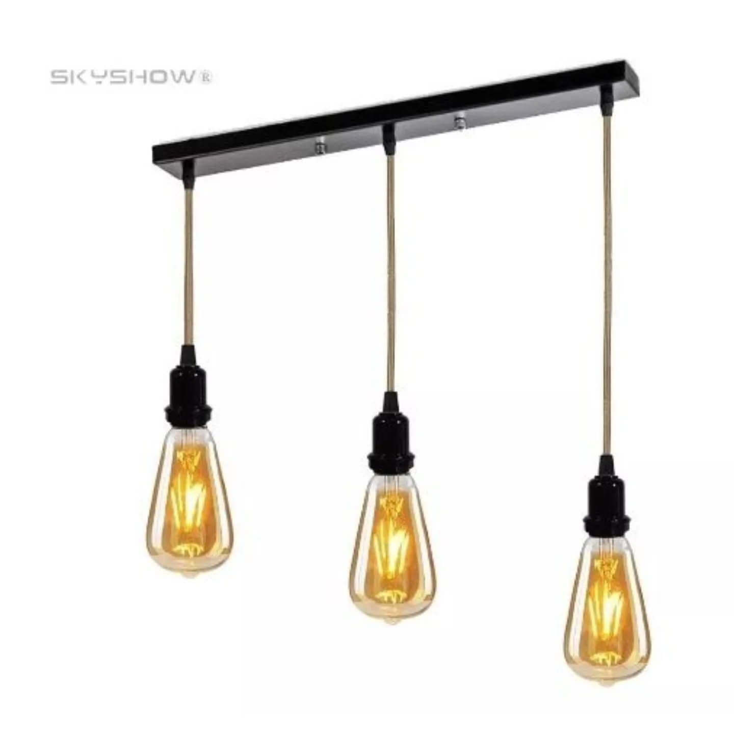 Industrial Black and Gold Three-Light Pendant with Exposed Filament