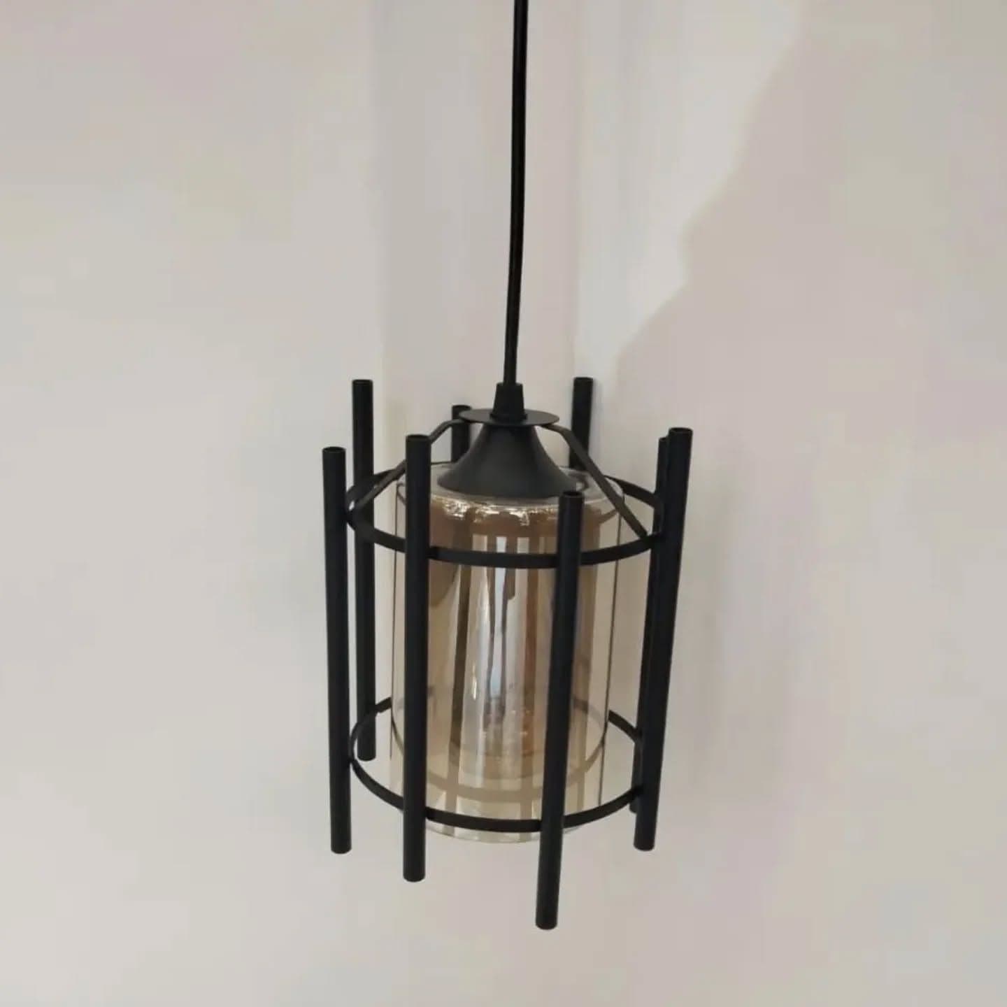 Industrial Black Cage Pendant Light with Amber Glass Shade
