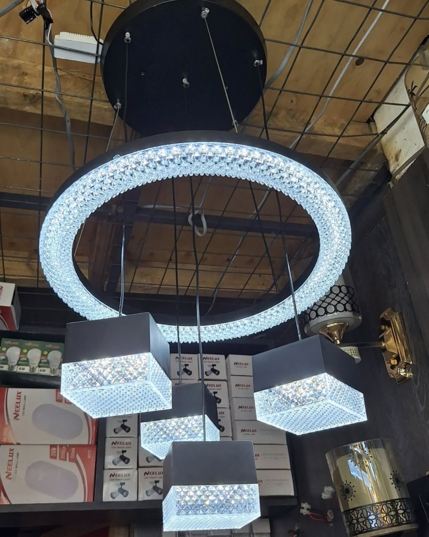 Modern Black and White Crystal Ring Chandelier with Integrated LEDs