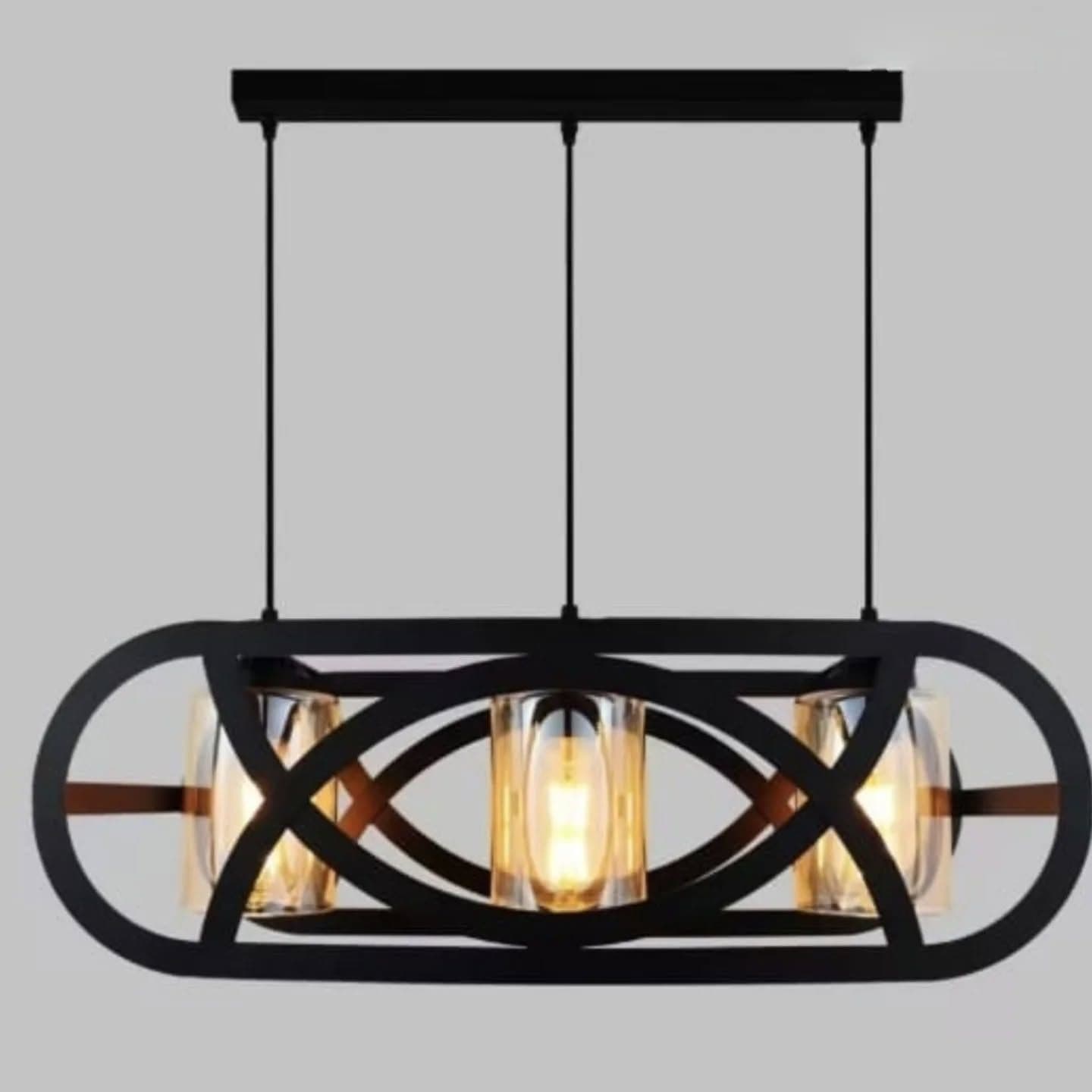 Modern Matte Black Oval Pendant Light with Amber Glass