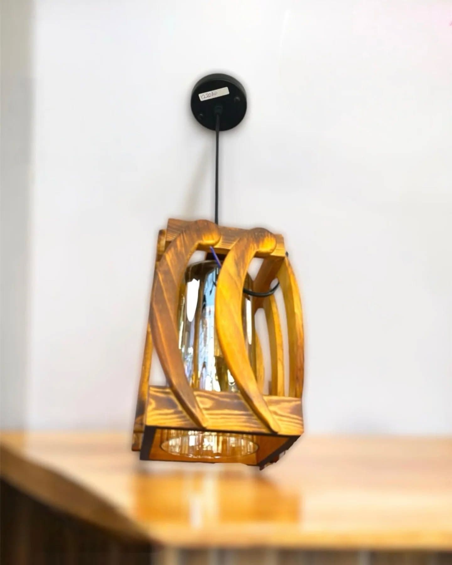 Industrial Wooden Cage Pendant Light with Glass Shade