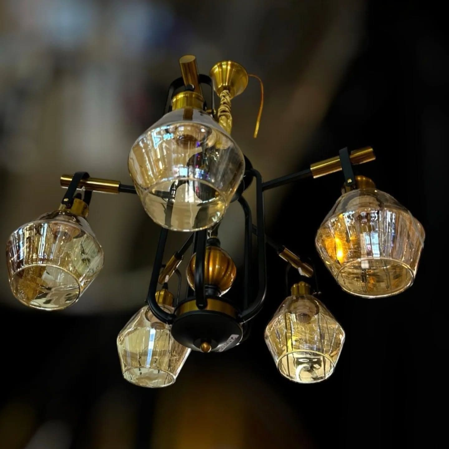Vintage Gold 5-Arm Chandelier with Amber Glass Shades