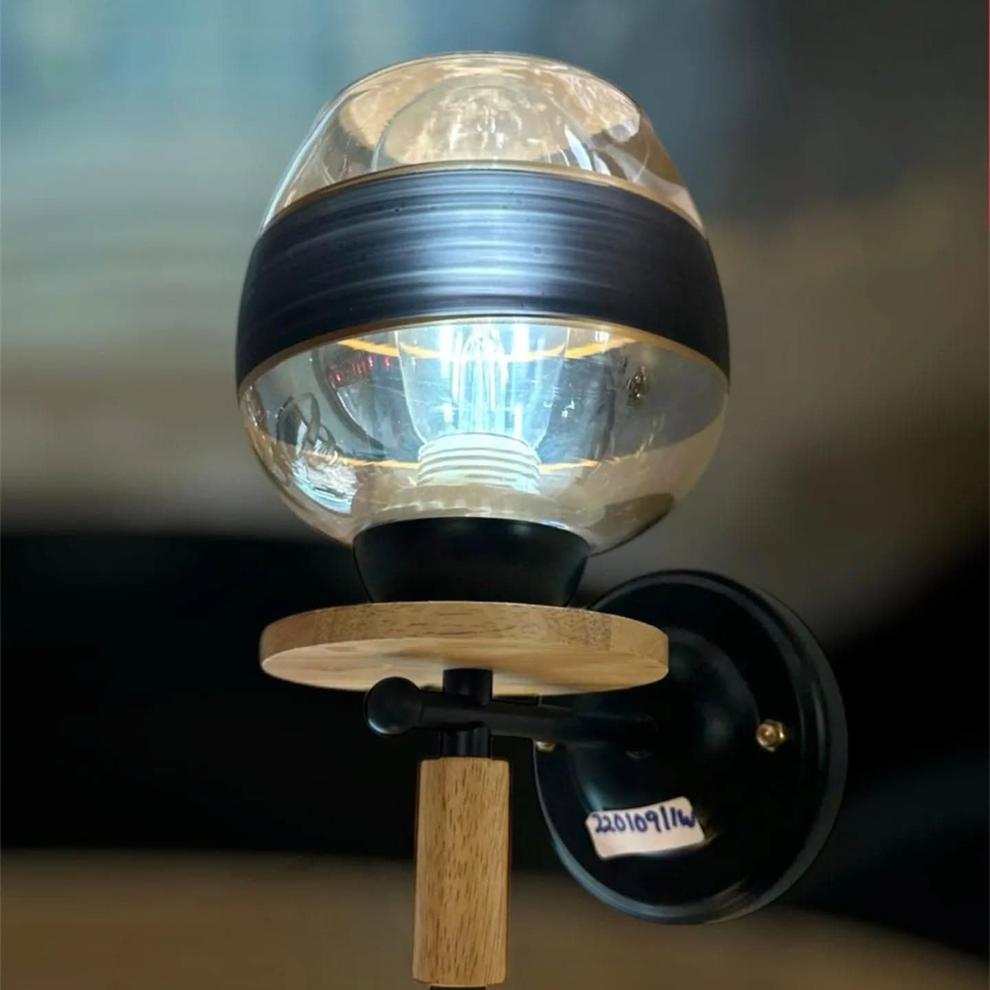 Industrial Black and Wood Wall Light with Glass Globe