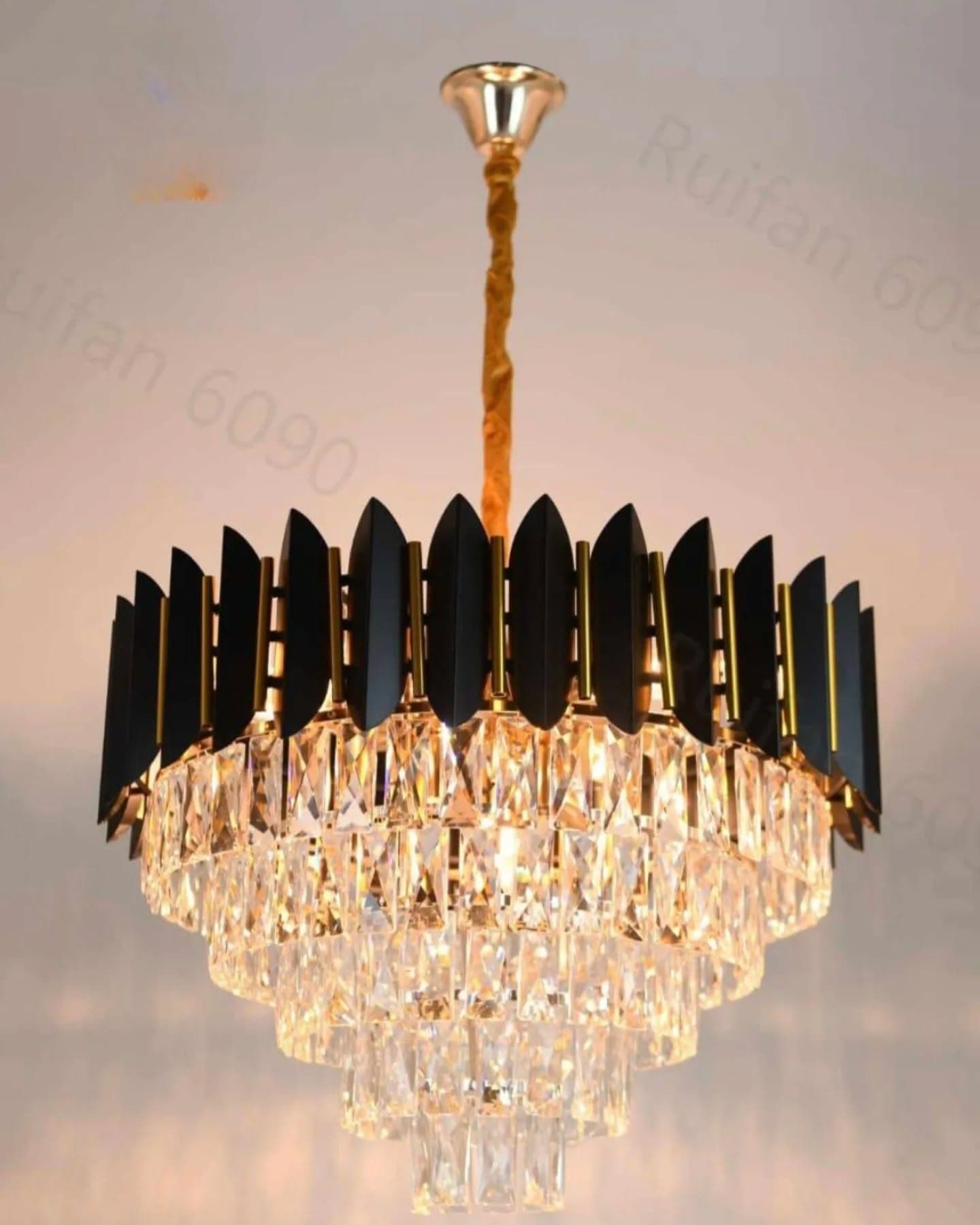 Modern Black and Gold Tiered Crystal Chandelier