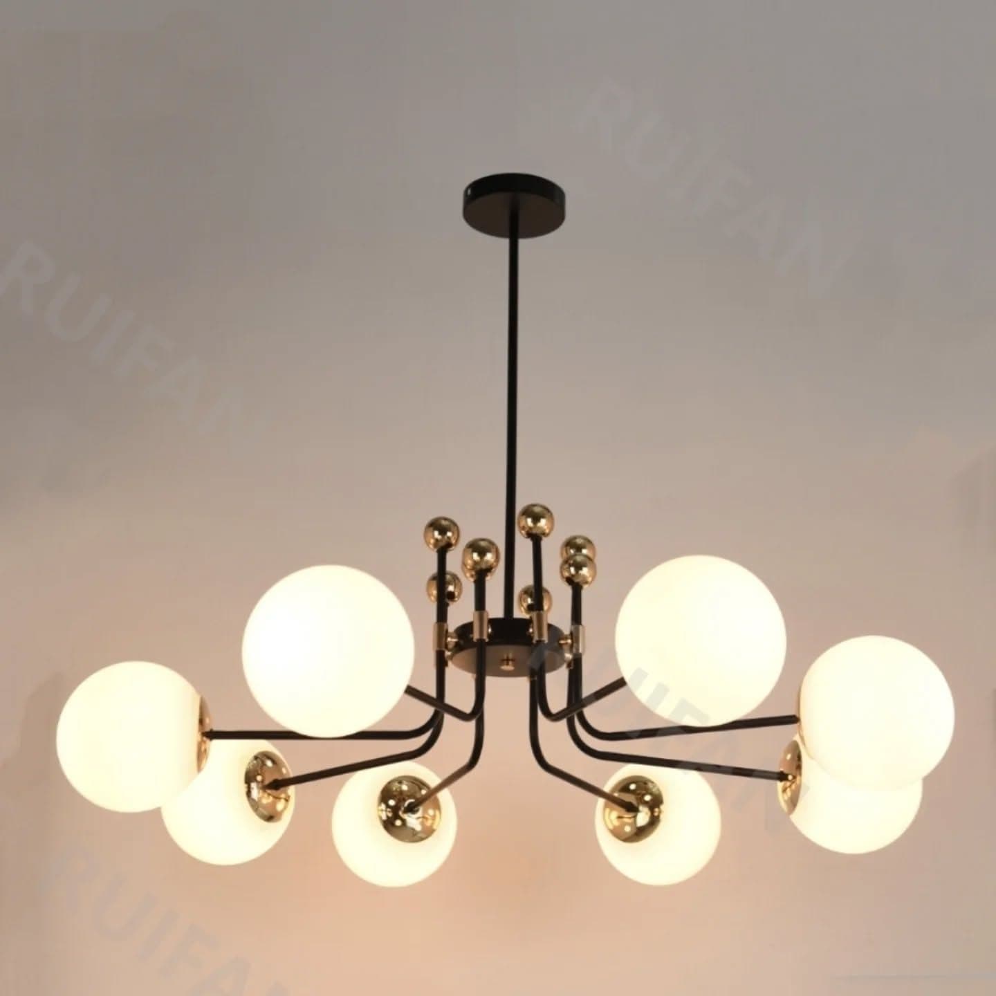 Modern 8-Arm Black, Gold & White Globe Chandelier