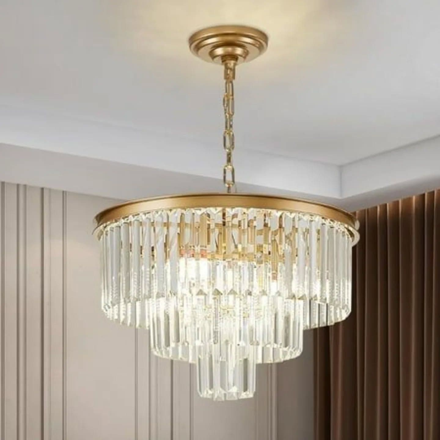 Ornate Gold Metal Tiered Crystal Chandelier