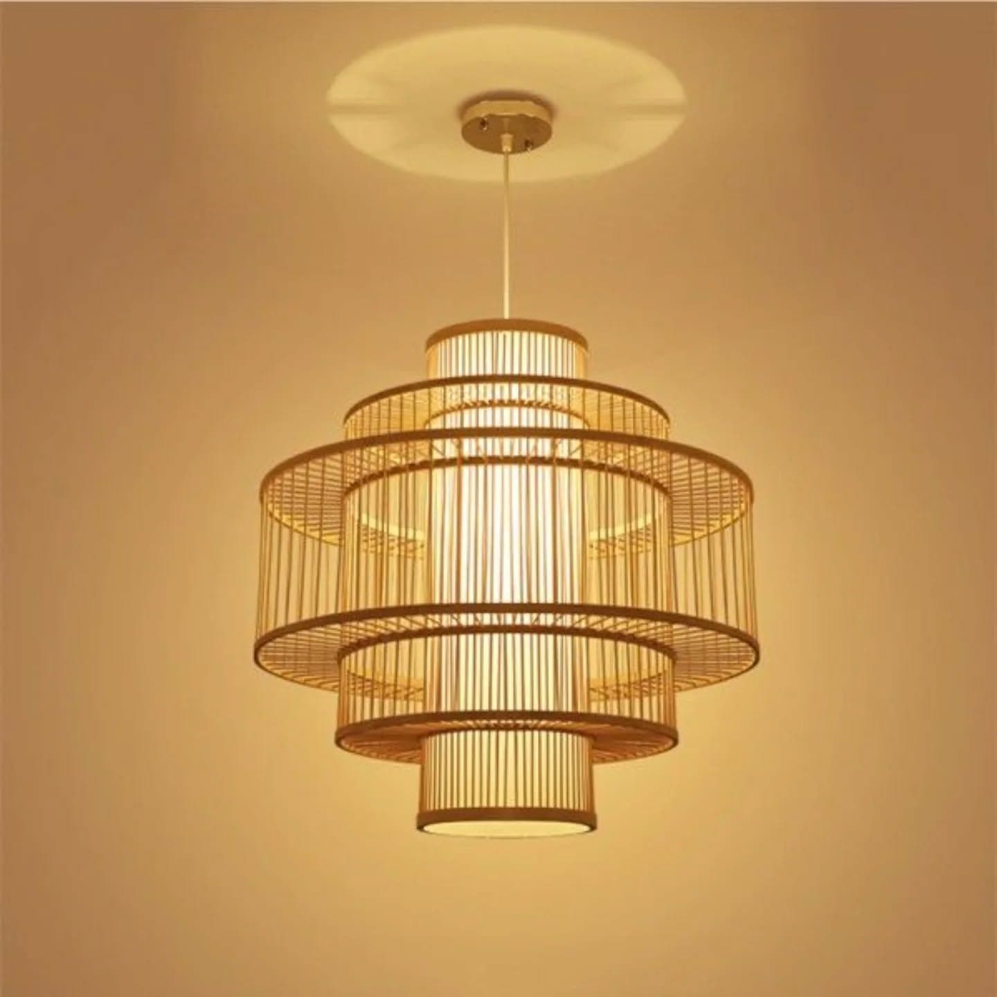 Natural Wood Bamboo & Fabric Tiered Pendant Light