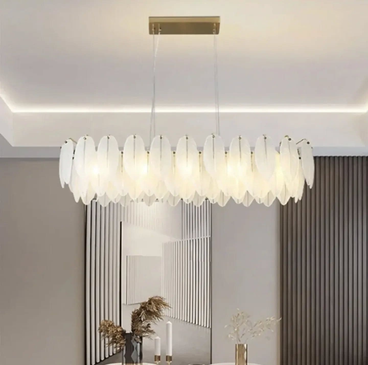 Modern Gold Oval Feather Chandelier with Frosted Glass Shades
