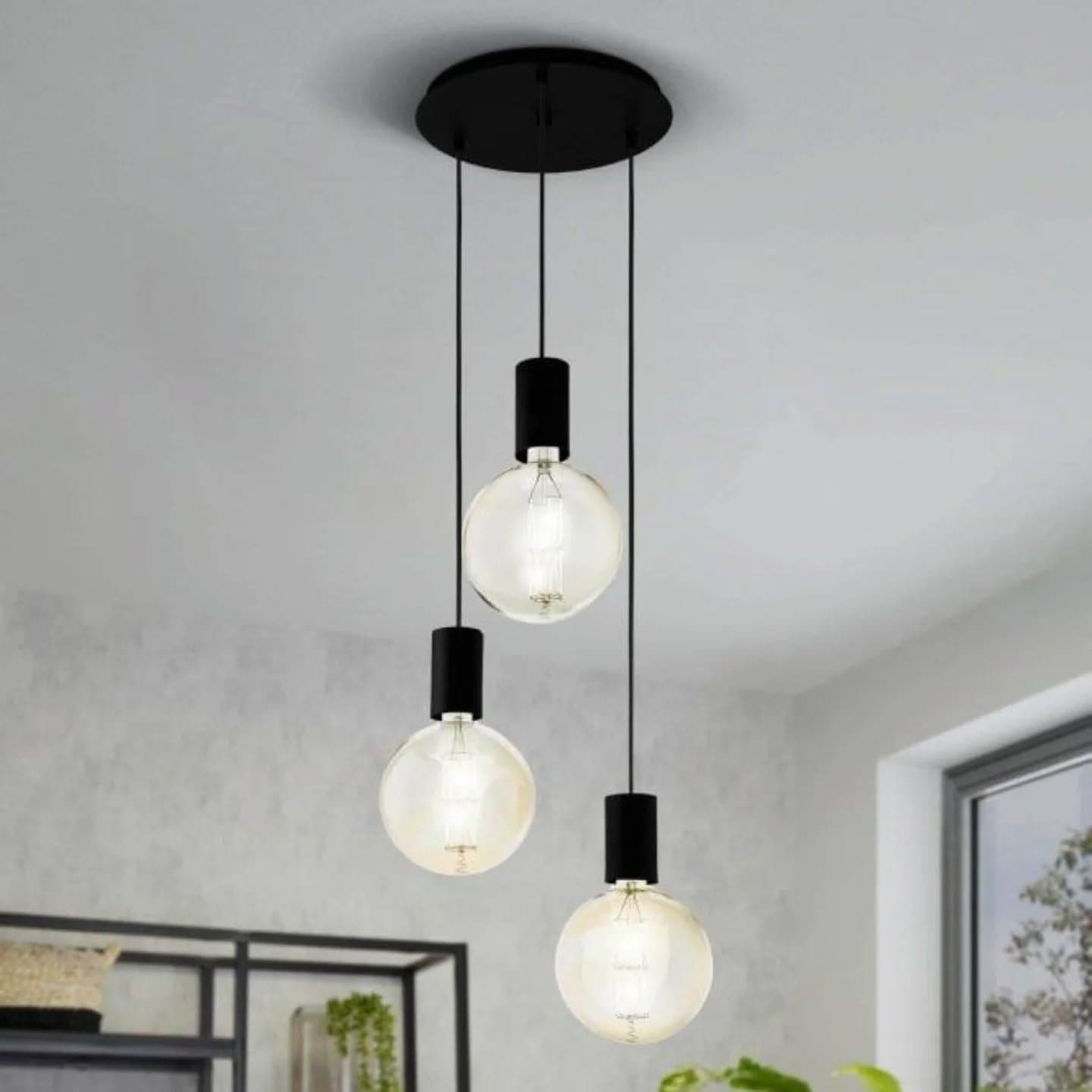 Modern Black and Clear Glass Three-Light Cluster Pendant