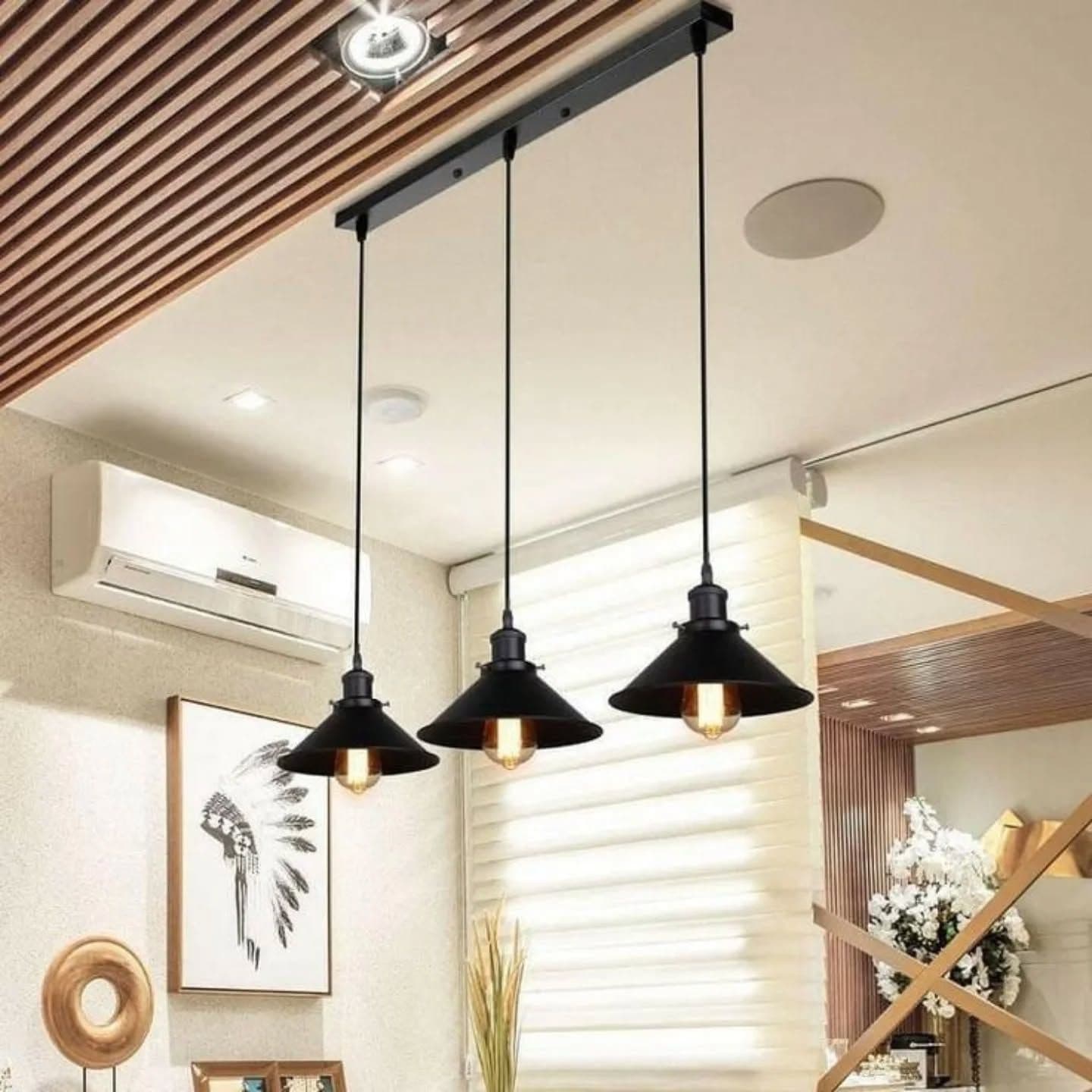 Industrial Matte Black Three-Light Linear Pendant