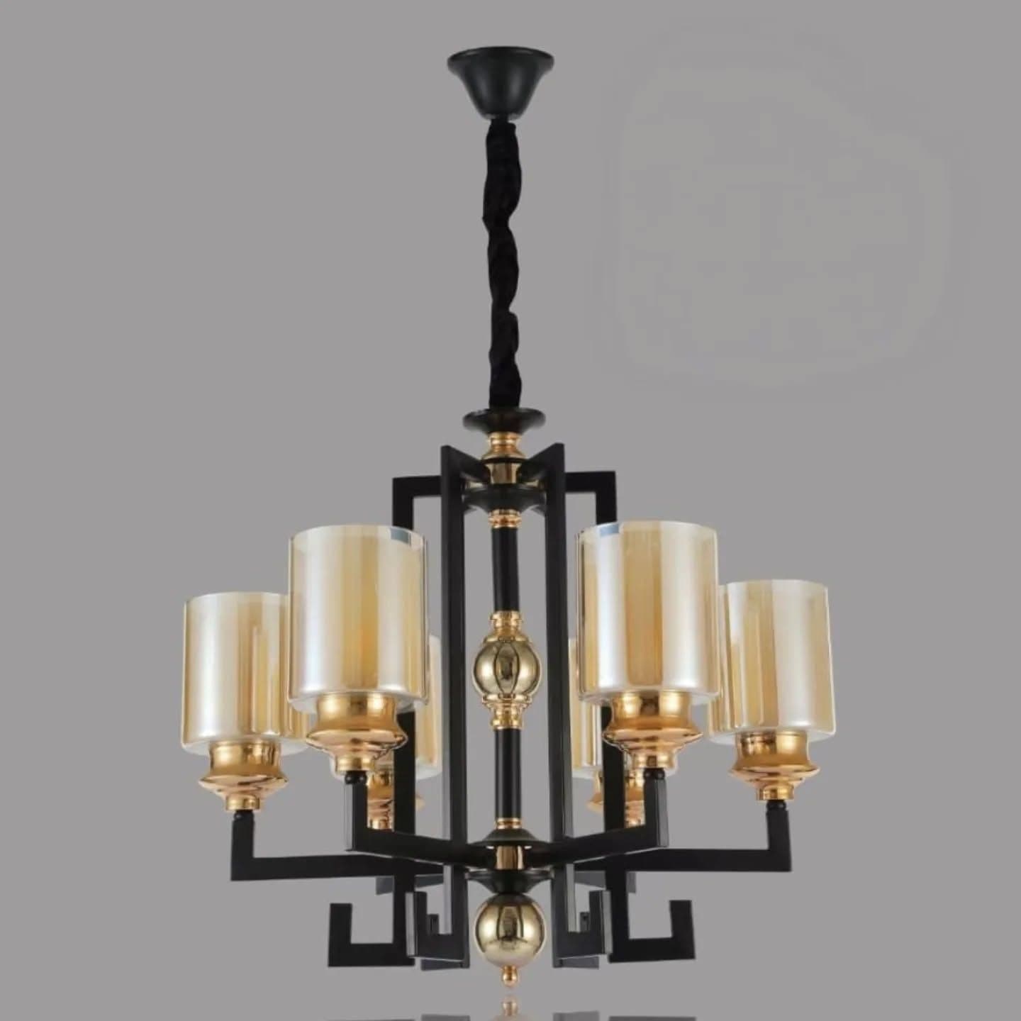5-Arm Black and Gold Amber Glass Chandelier