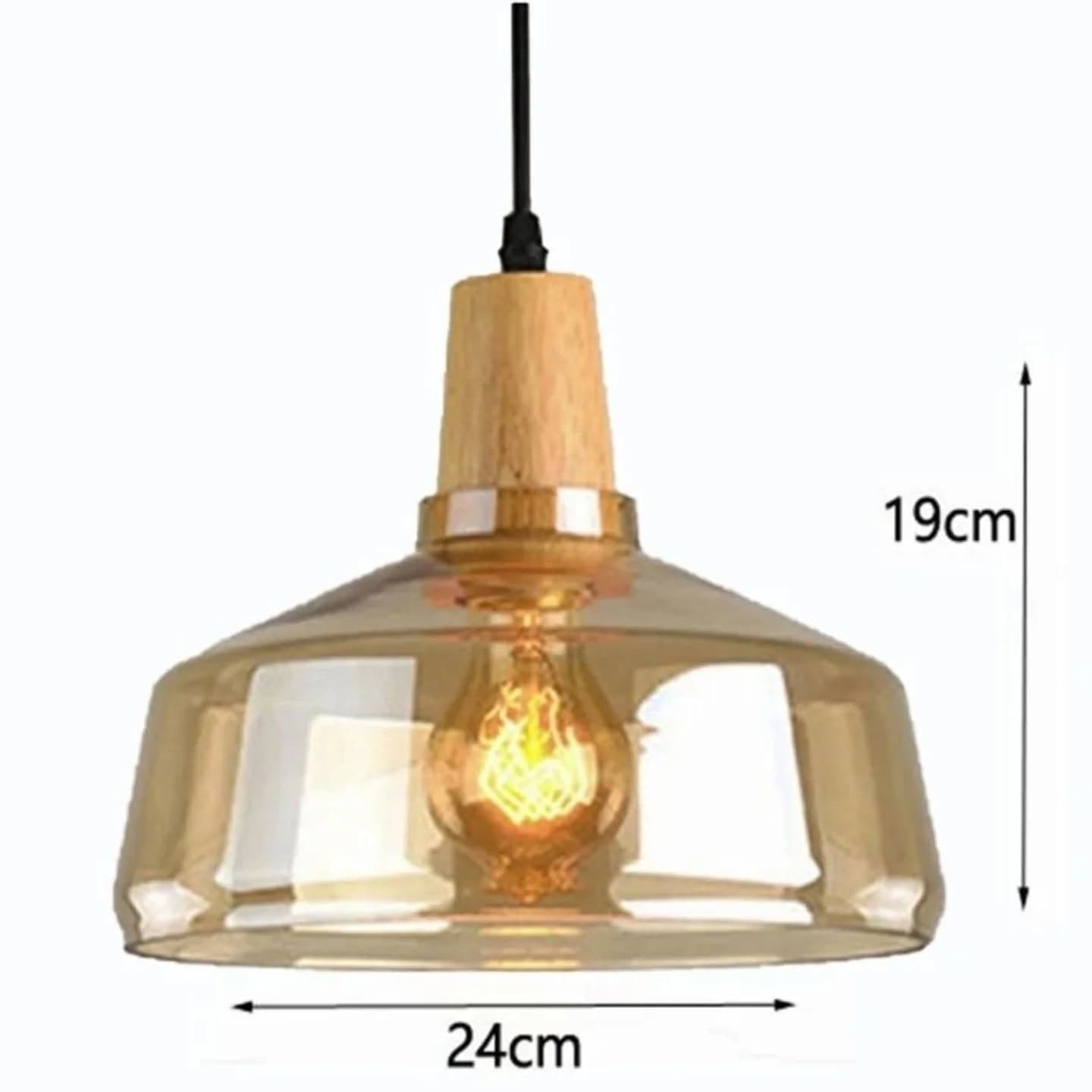 Industrial Amber Glass and Wood Pendant Light