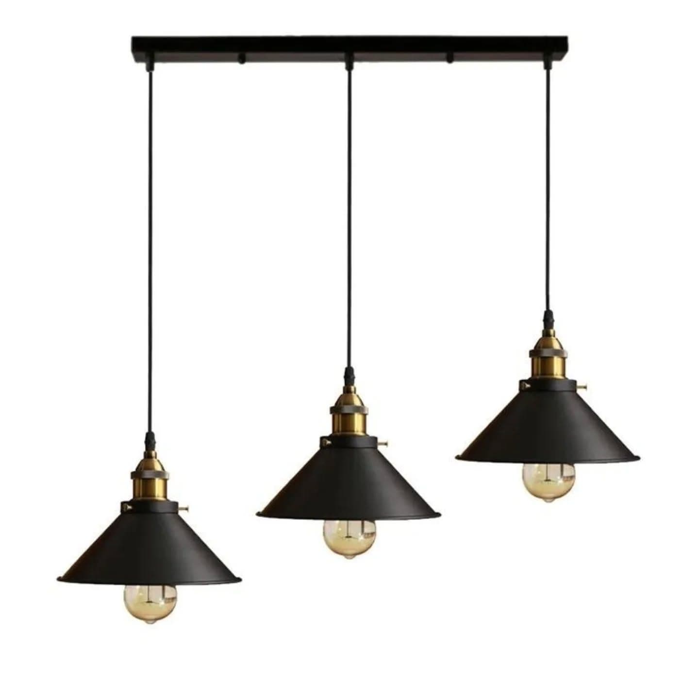 Industrial Matte Black and Brass Triple-Bulb Pendant Light