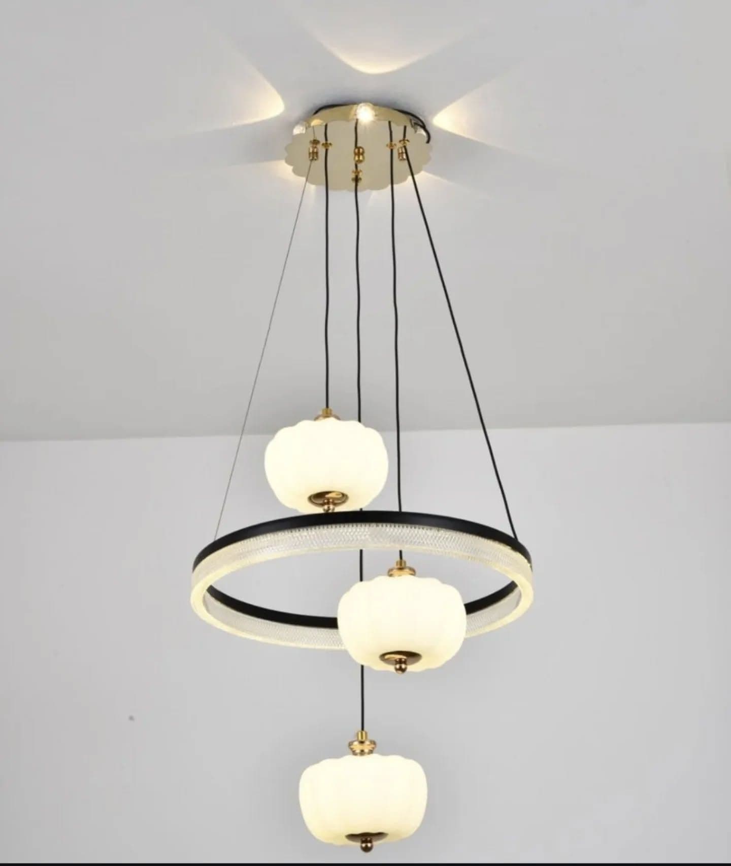 Modern Gold and Black Ring Chandelier with Frosted Glass Shades