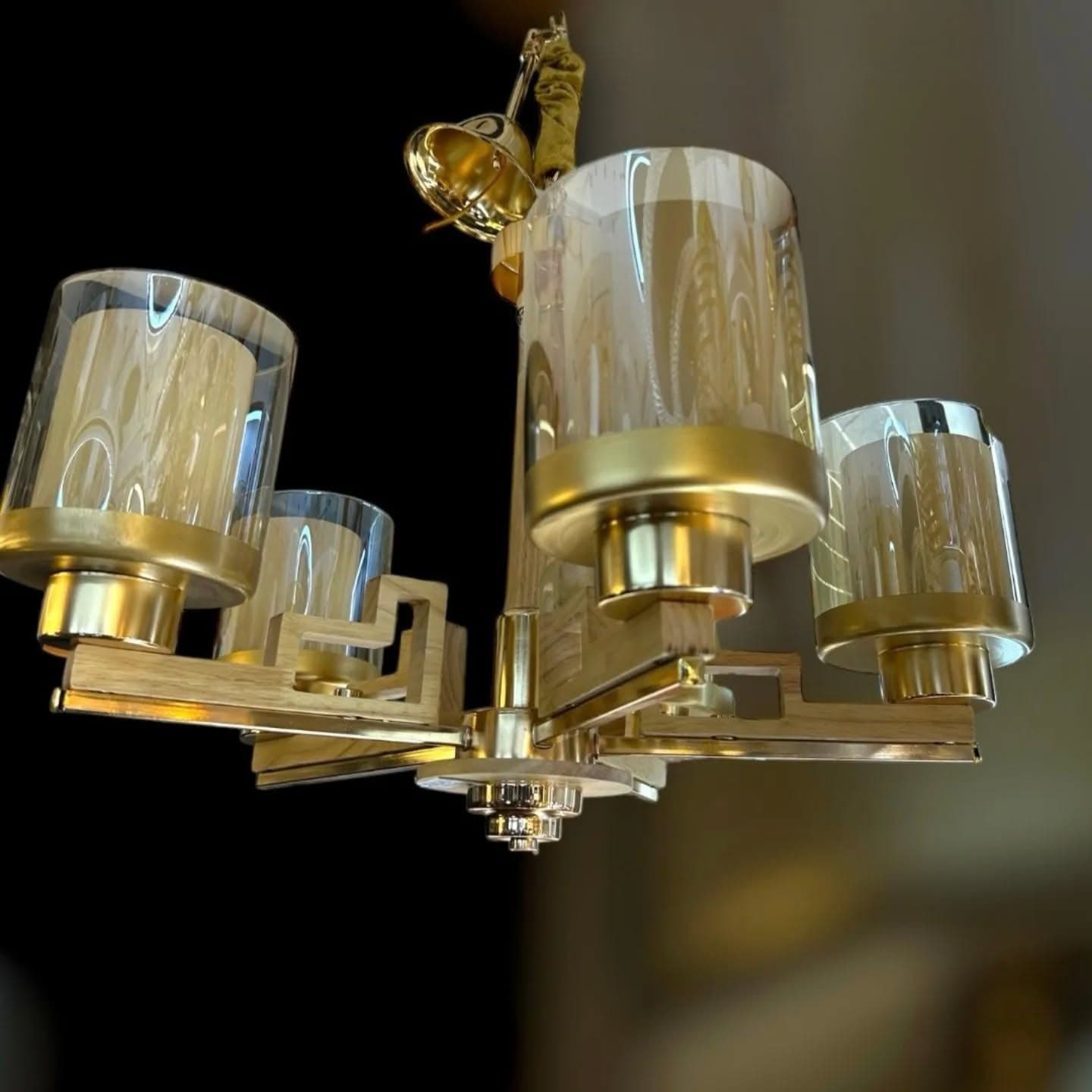 Modern Gold Multi-Arm Glass Chandelier with Wooden Finish