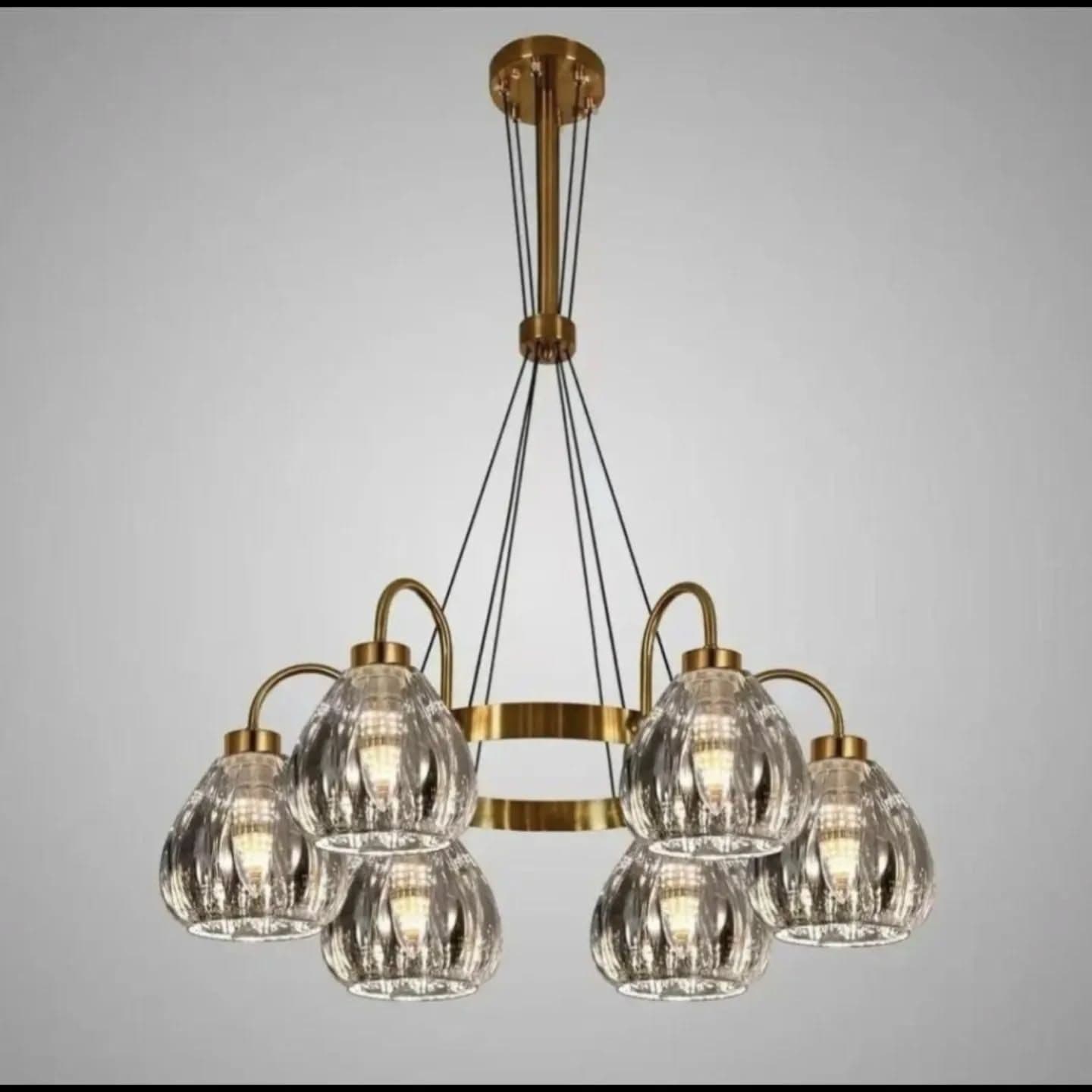 Modern Gold Brass 6-Light Ribbed Glass Chandelier