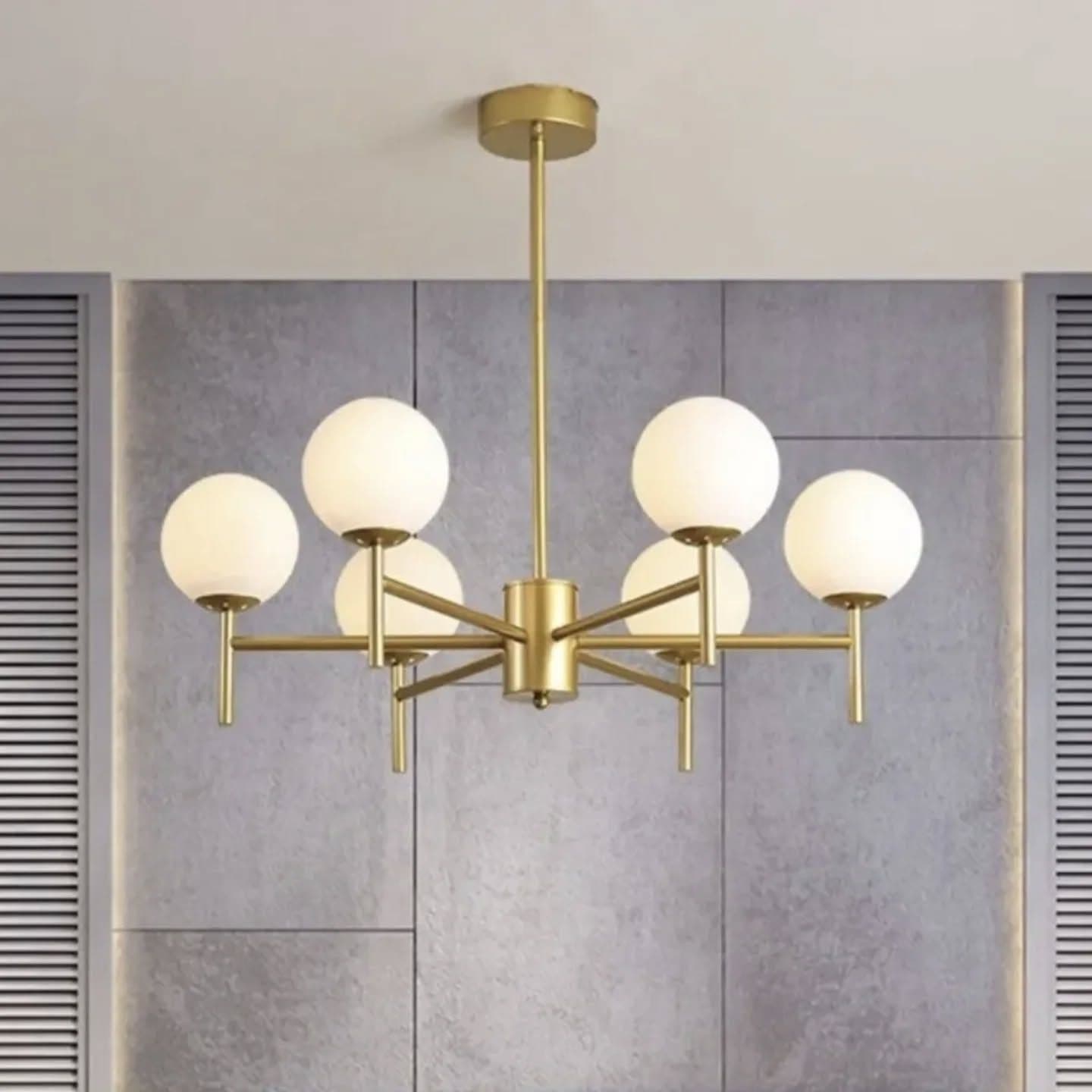 Modern Gold 6-Light Brass Chandelier with Frosted Glass Globes