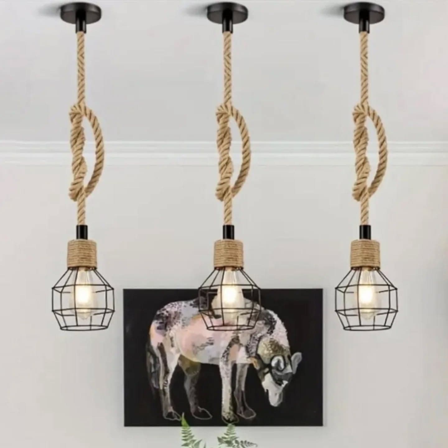 Industrial Sisal Rope Pendant Light with Wire Cage Shade