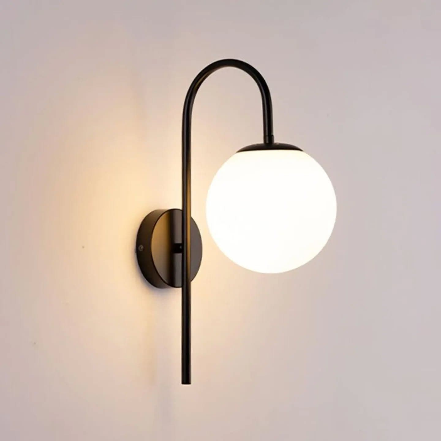 Modern Black and White Globe Wall Light with Curved Arm