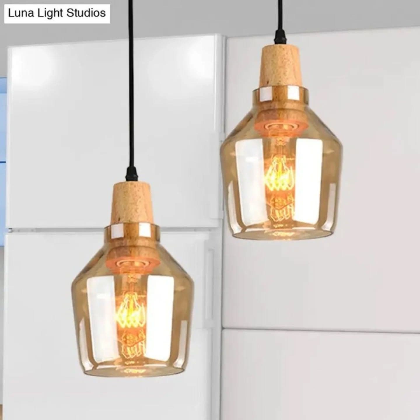 Industrial Amber Glass Cork Pendant Light with Vintage Bulb
