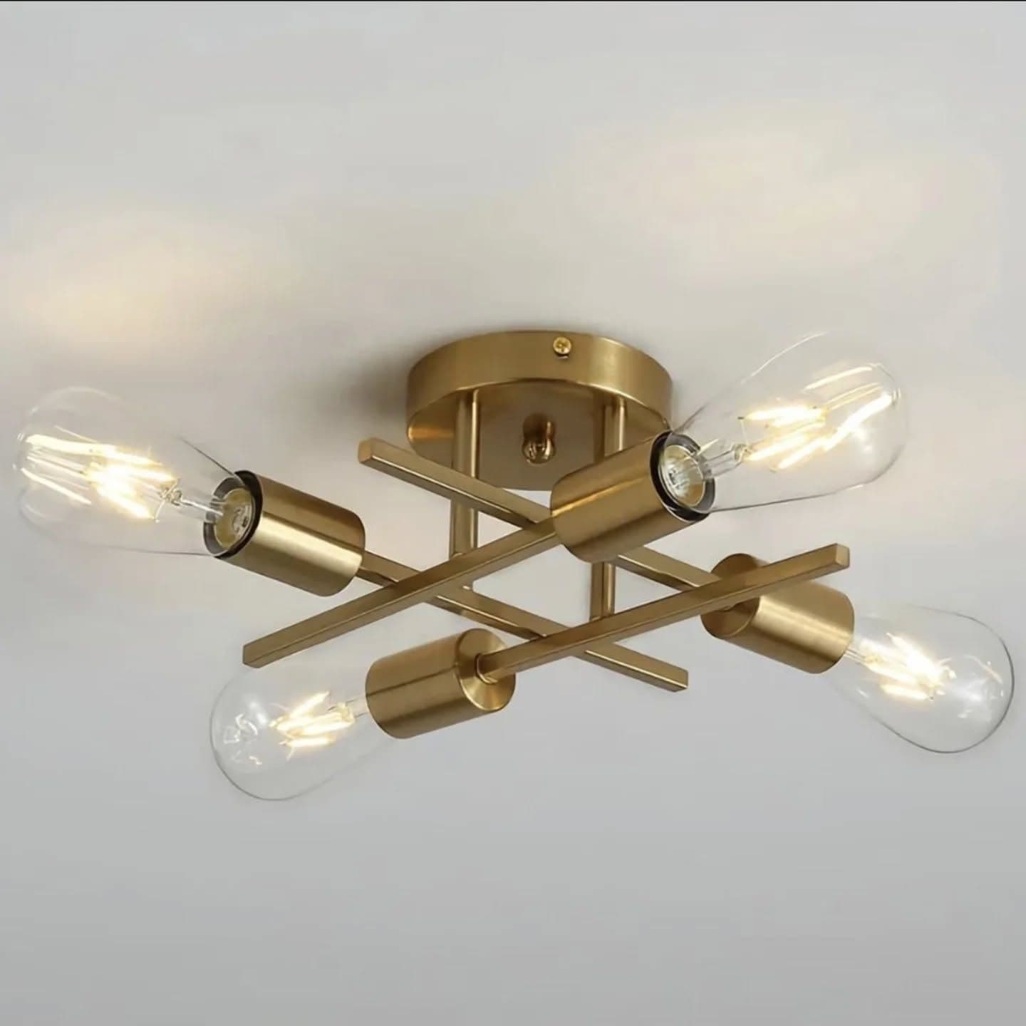 Modern Gold Linear Brass Chandelier with Exposed Bulbs