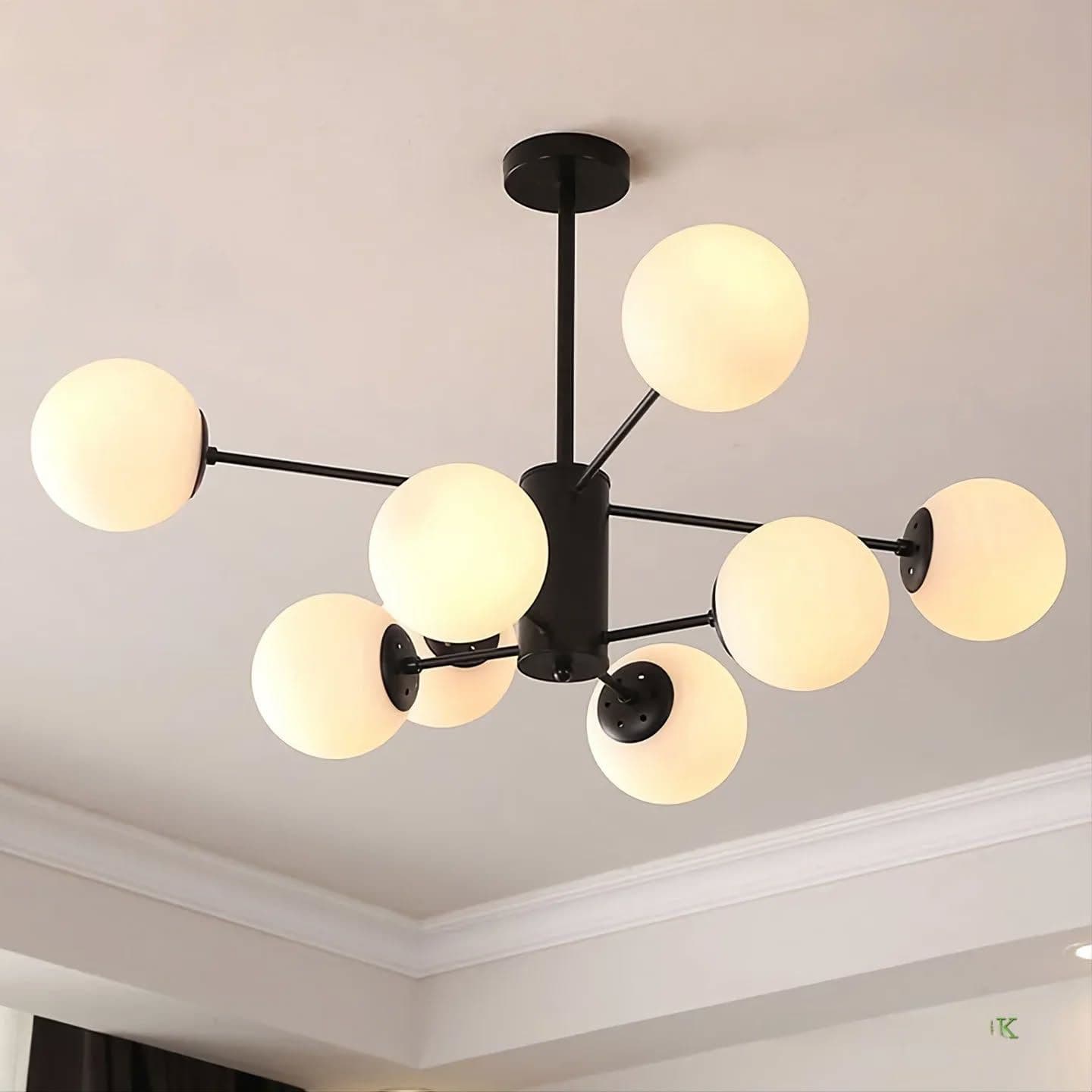 Modern Matte Black and White 8-Light Glass Globe Chandelier