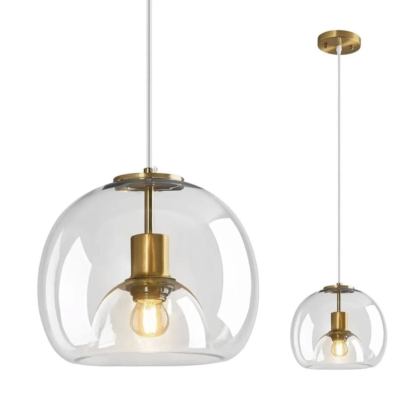 Modern Clear Glass and Brass Globe Pendant Light - Medium
