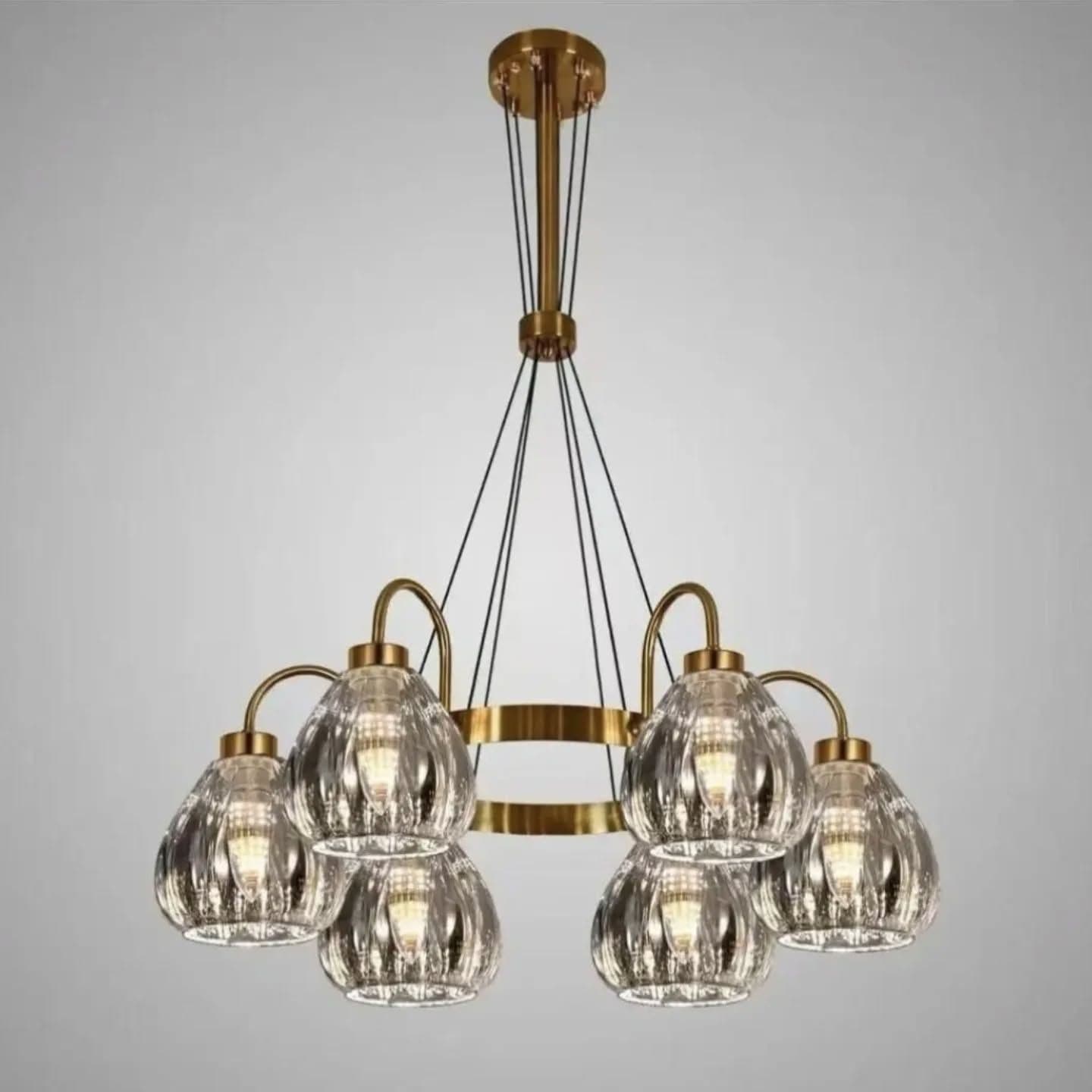 Modern Gold Brass Chandelier with Textured Glass Shades