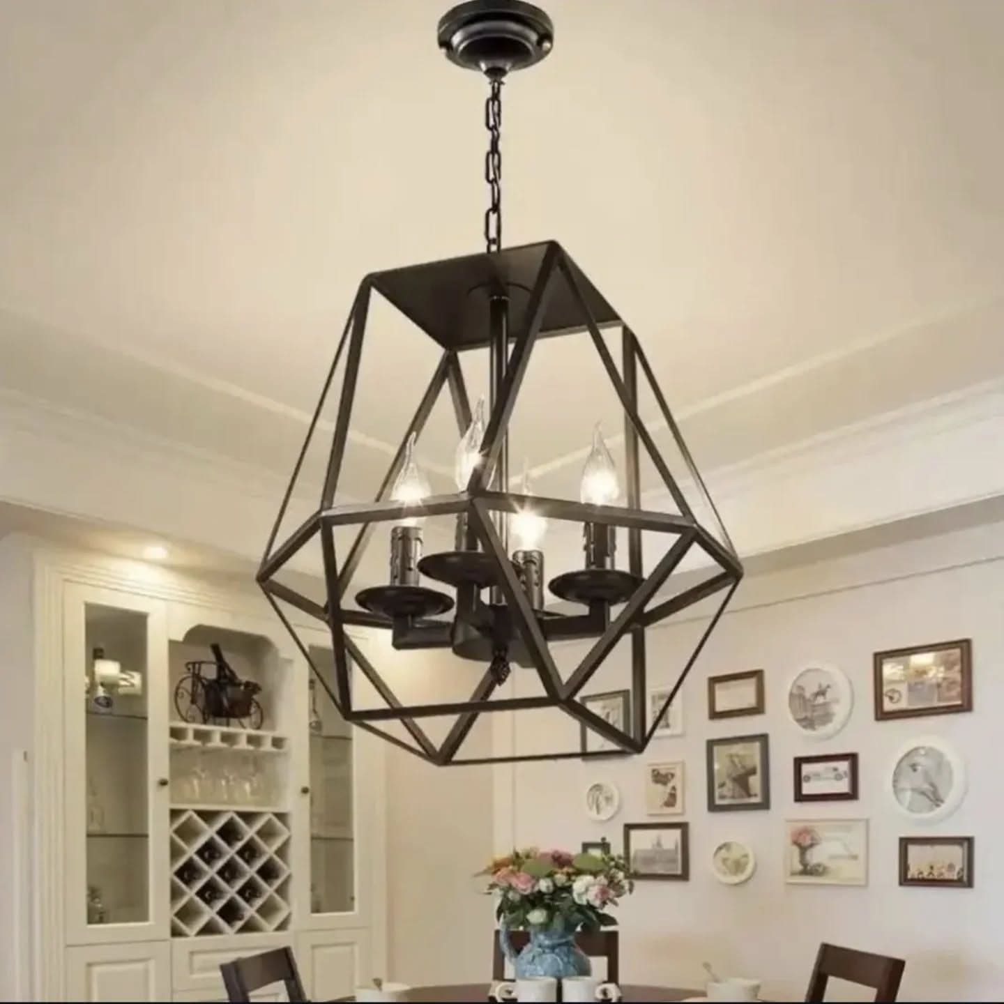 Industrial Black Metal Geometric Chandelier with Exposed Bulbs