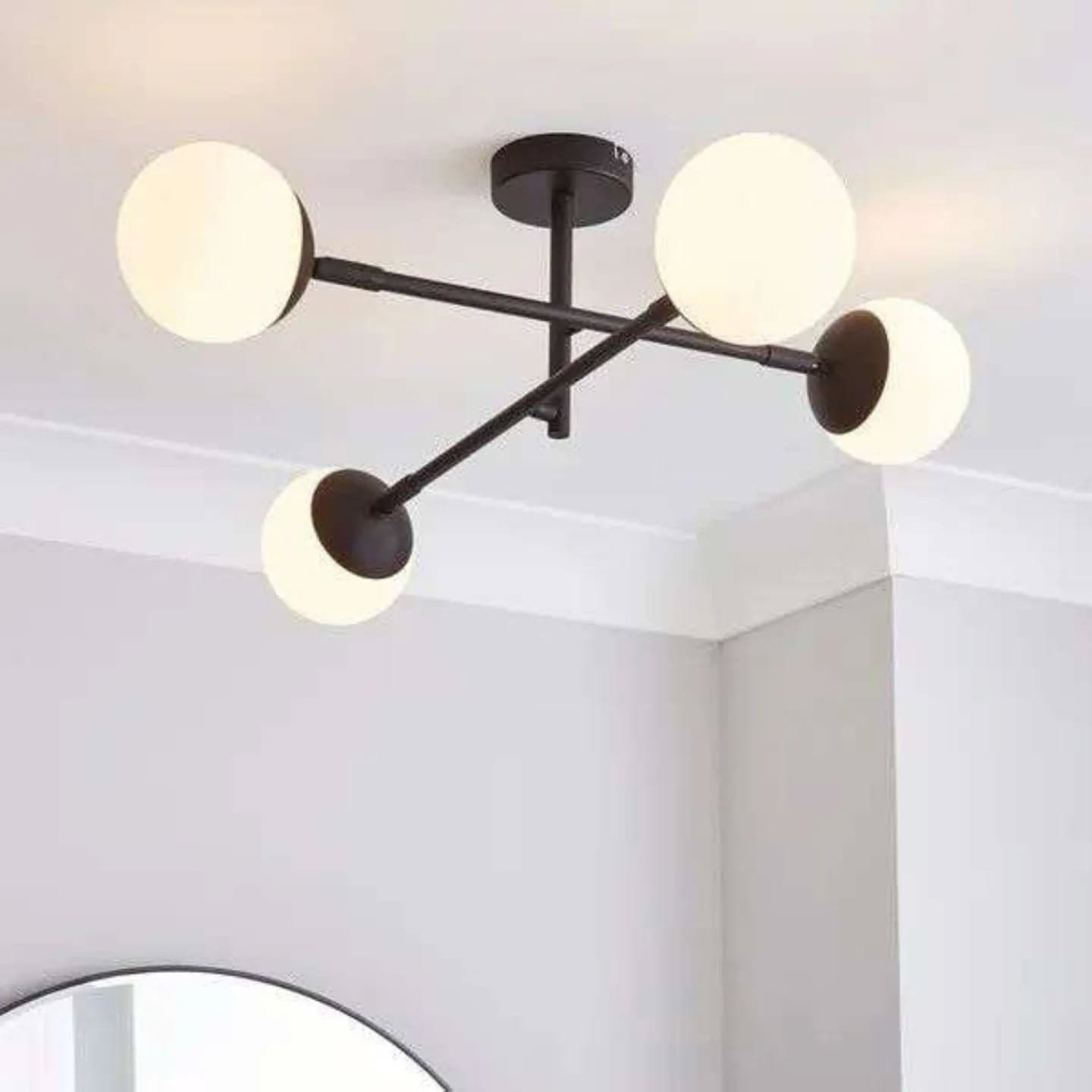 Modern Black Semi-Flush Mount Chandelier with Frosted Globe Shades