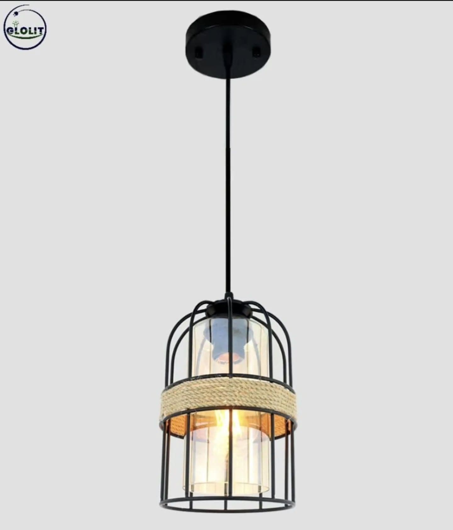 Industrial Black Cage Pendant Light with Rope Accent