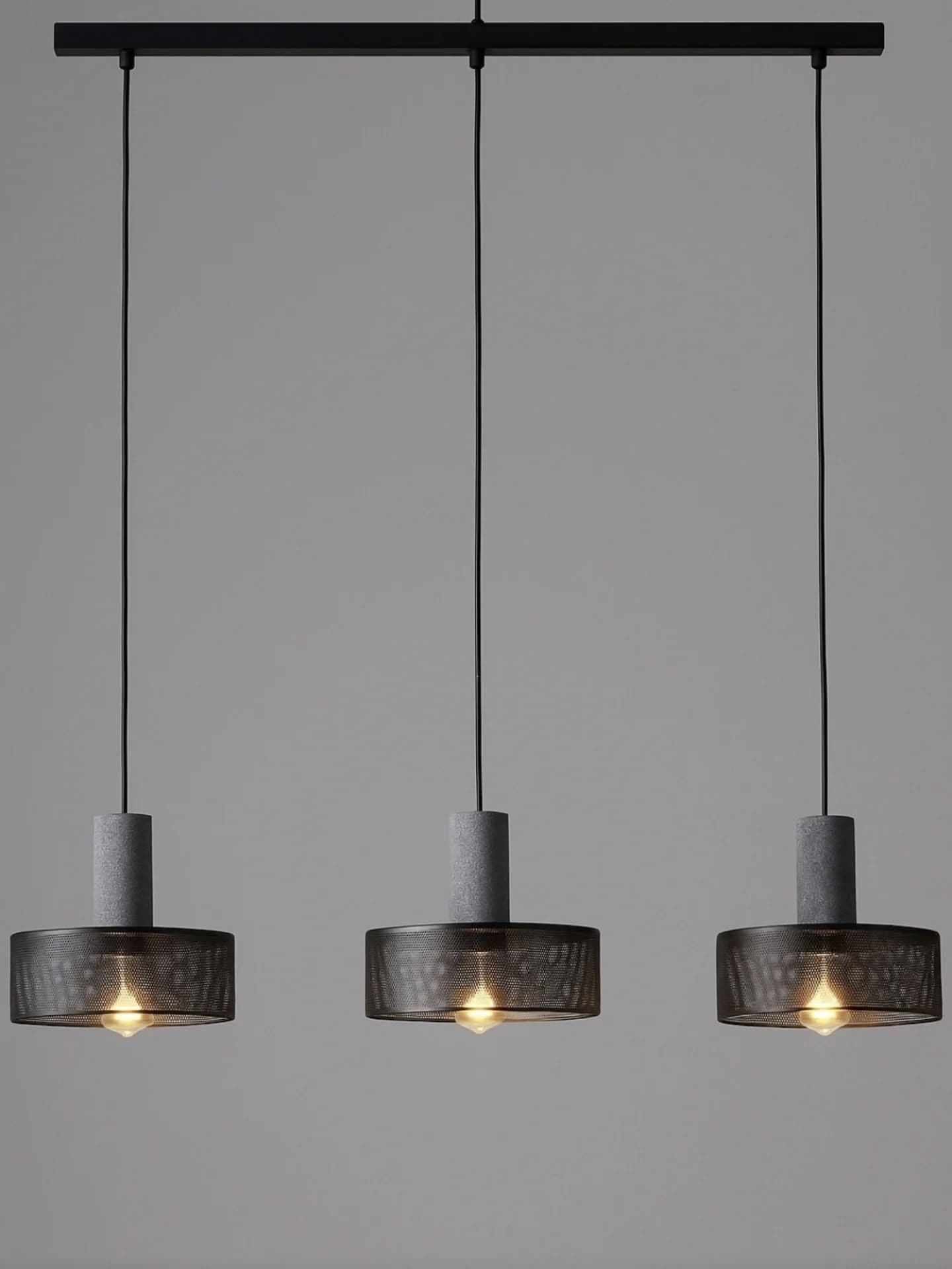 Modern Black Metal and Concrete Three-Light Pendant