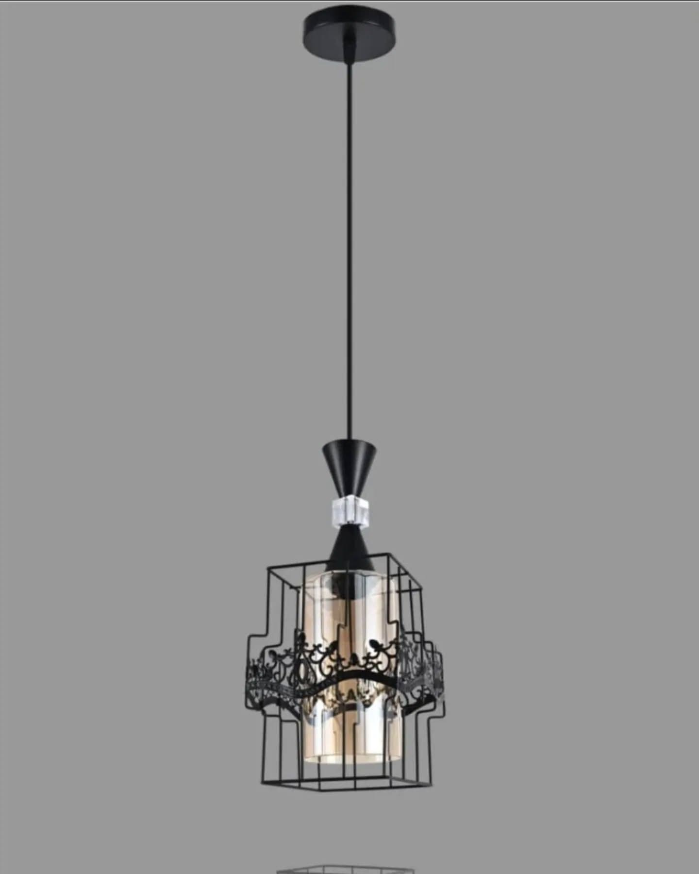 Industrial Black Metal Cage Pendant Light with Amber Glass & Crystal Accent