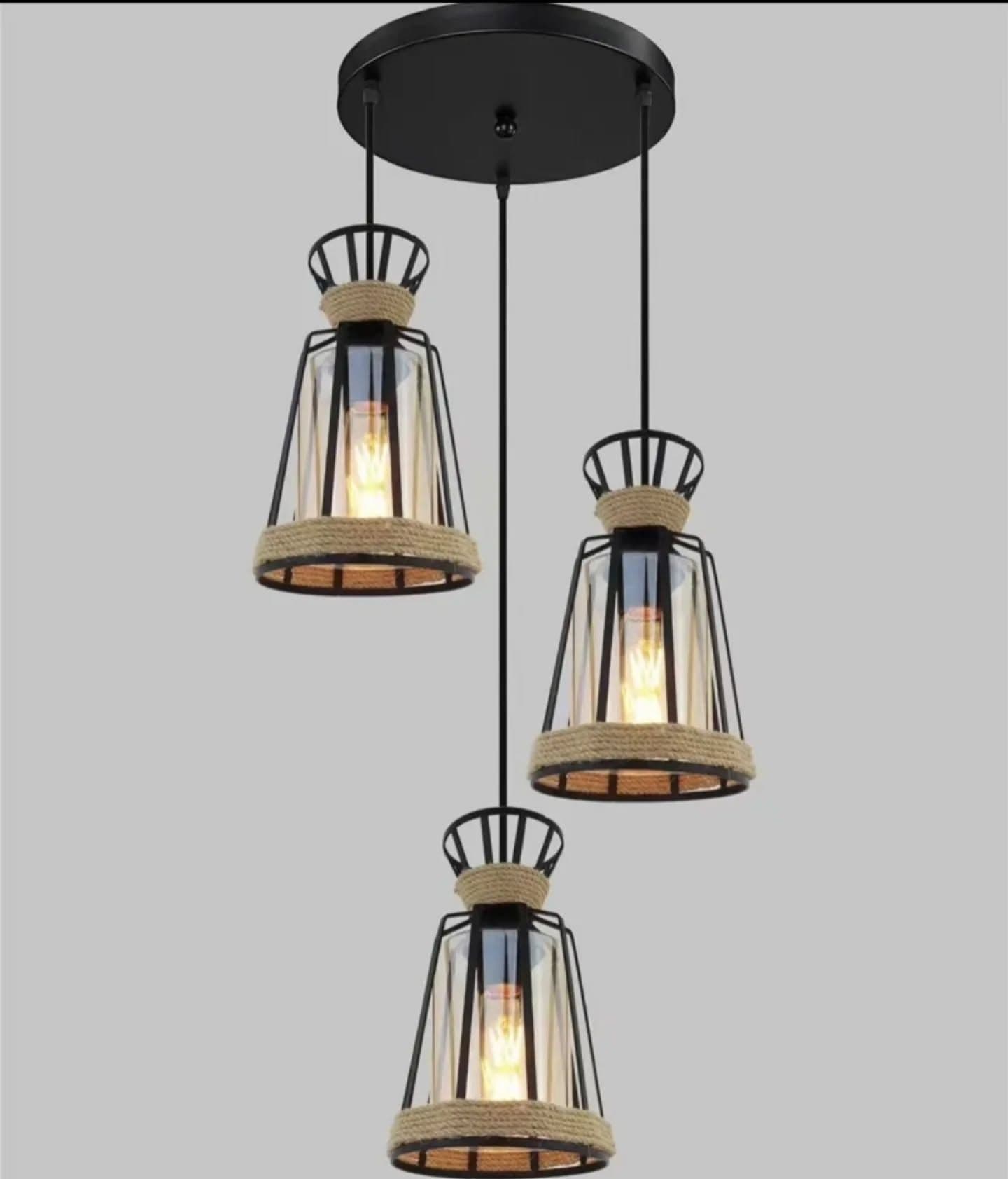 Industrial Black 3-Light Rope Pendant with Glass Shade