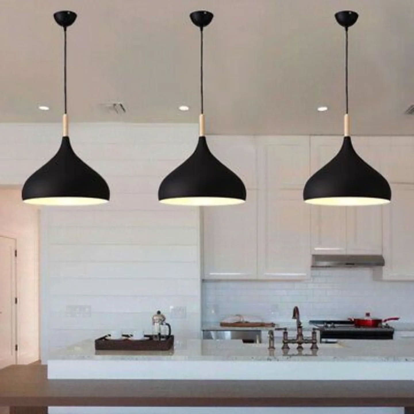 Modern Black Bell Pendant Light with Wooden Accent