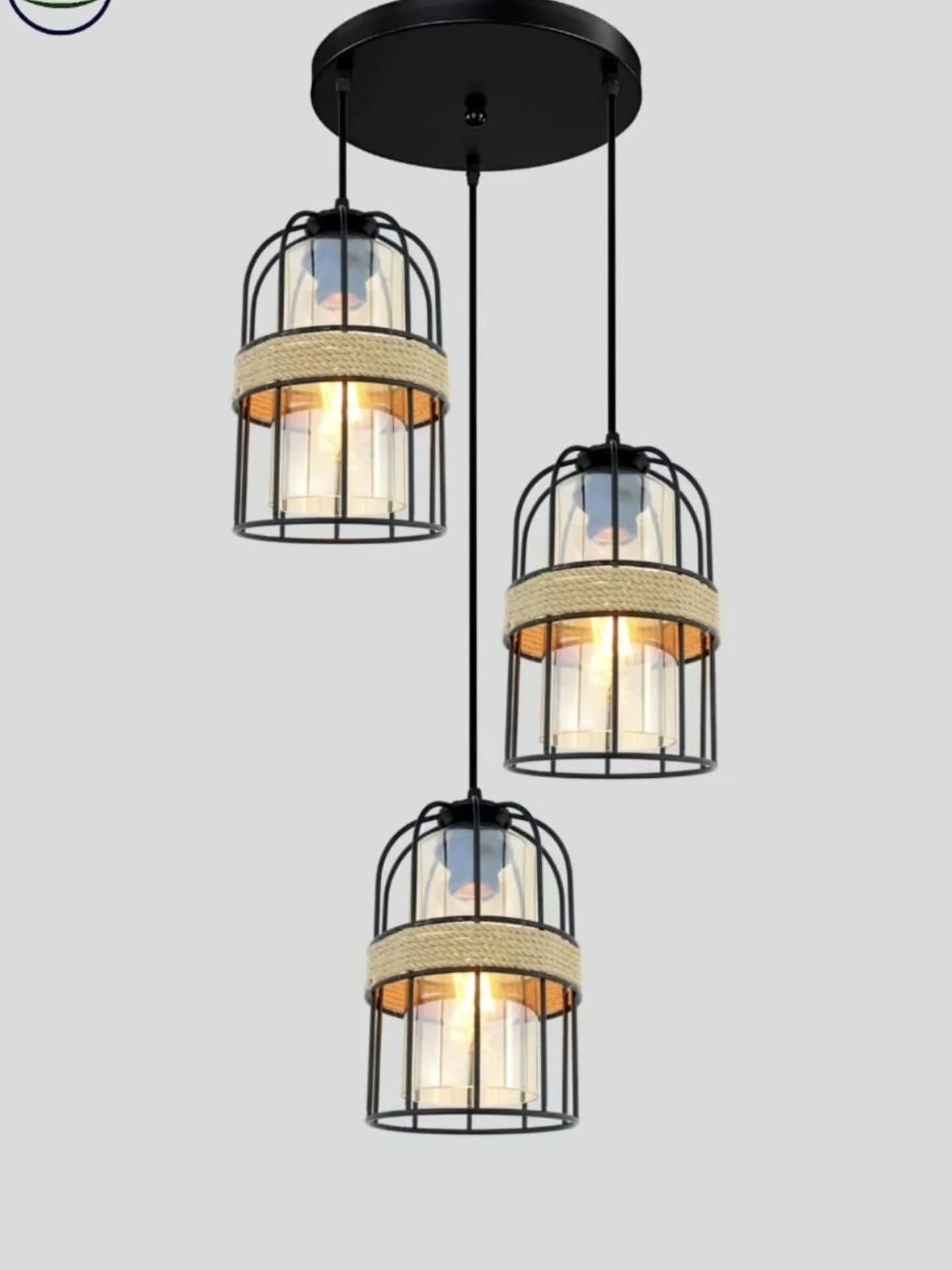 Industrial Black Metal Cage Pendant Light with Rope Accent