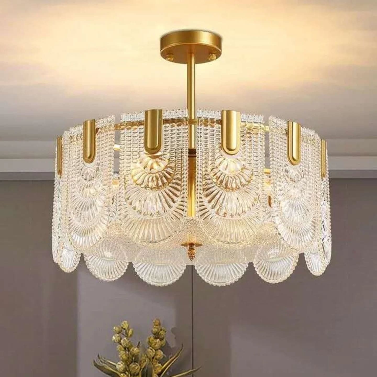 Ornate Gold Brass Chandelier with Scalloped Glass Shade
