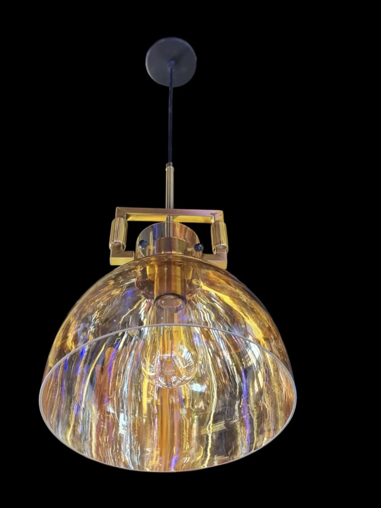 Vintage Amber Glass and Brass Pendant Light
