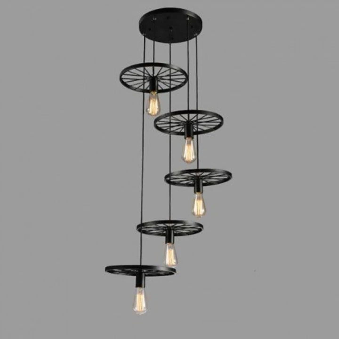 Industrial Black Metal Wheel Pendant Light with Exposed Bulbs