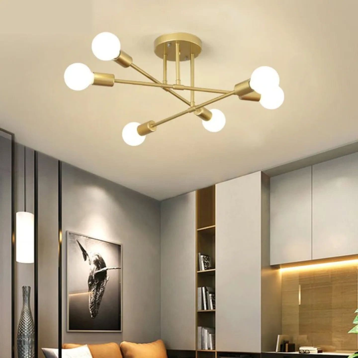 Modern Gold Geometric Six-Arm Chandelier