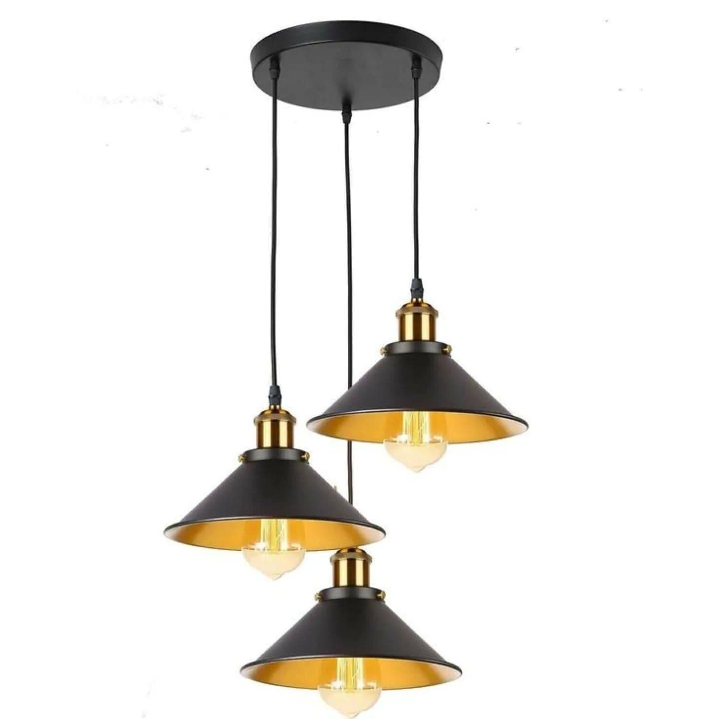 Industrial 3-Light Matte Black & Gold Cluster Pendant Light