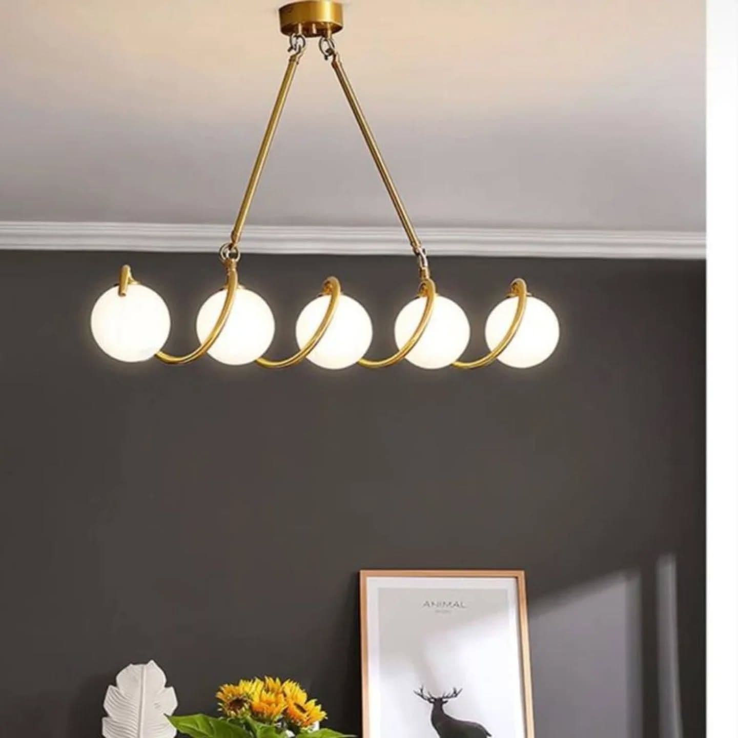 Modern Gold Brass Spiral Chandelier with Frosted Glass Globes