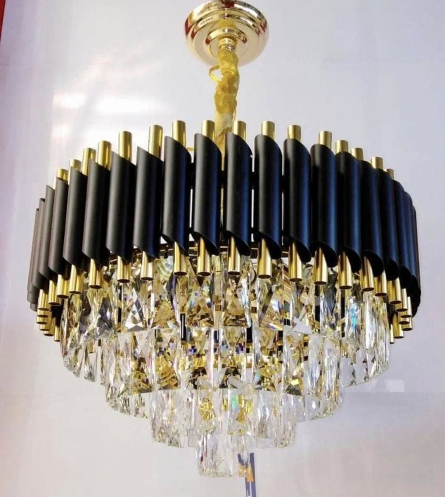 Luxury Modern Black and Gold Crystal Tiered Chandelier