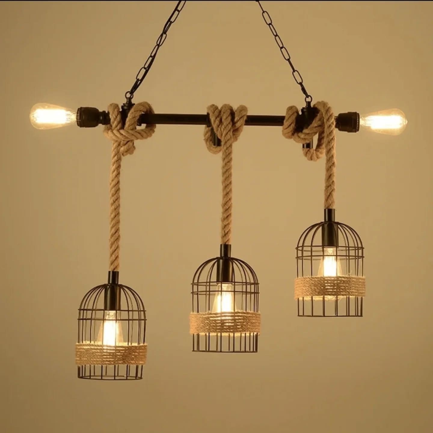 Industrial Black Metal Rope-Accent Pendant Light