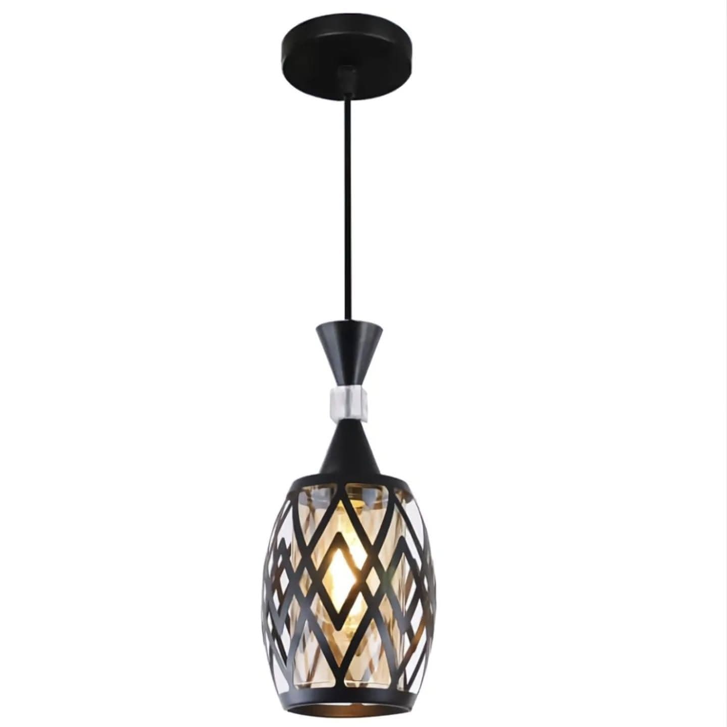 Modern Black Diamond Cage Pendant Light with Amber Glass Shade