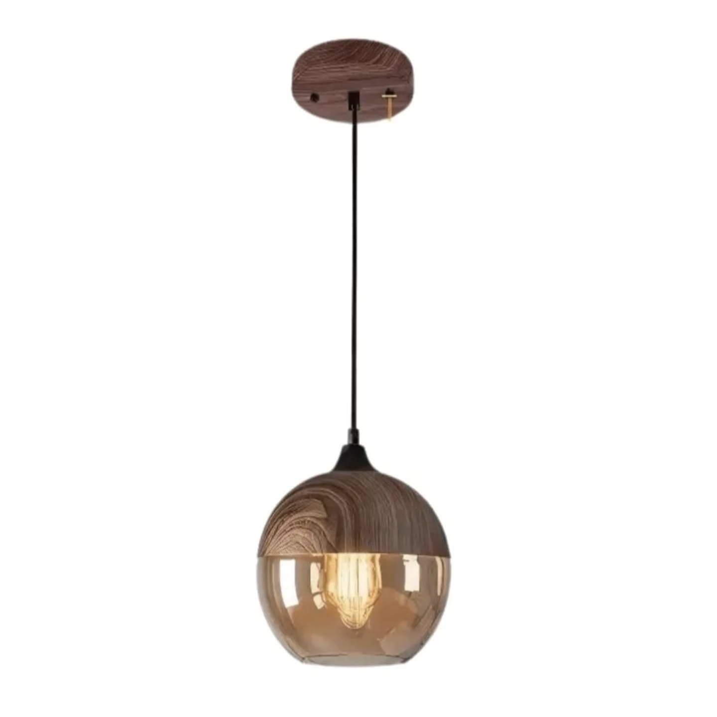 Modern Brown Wood and Amber Glass Pendant Light
