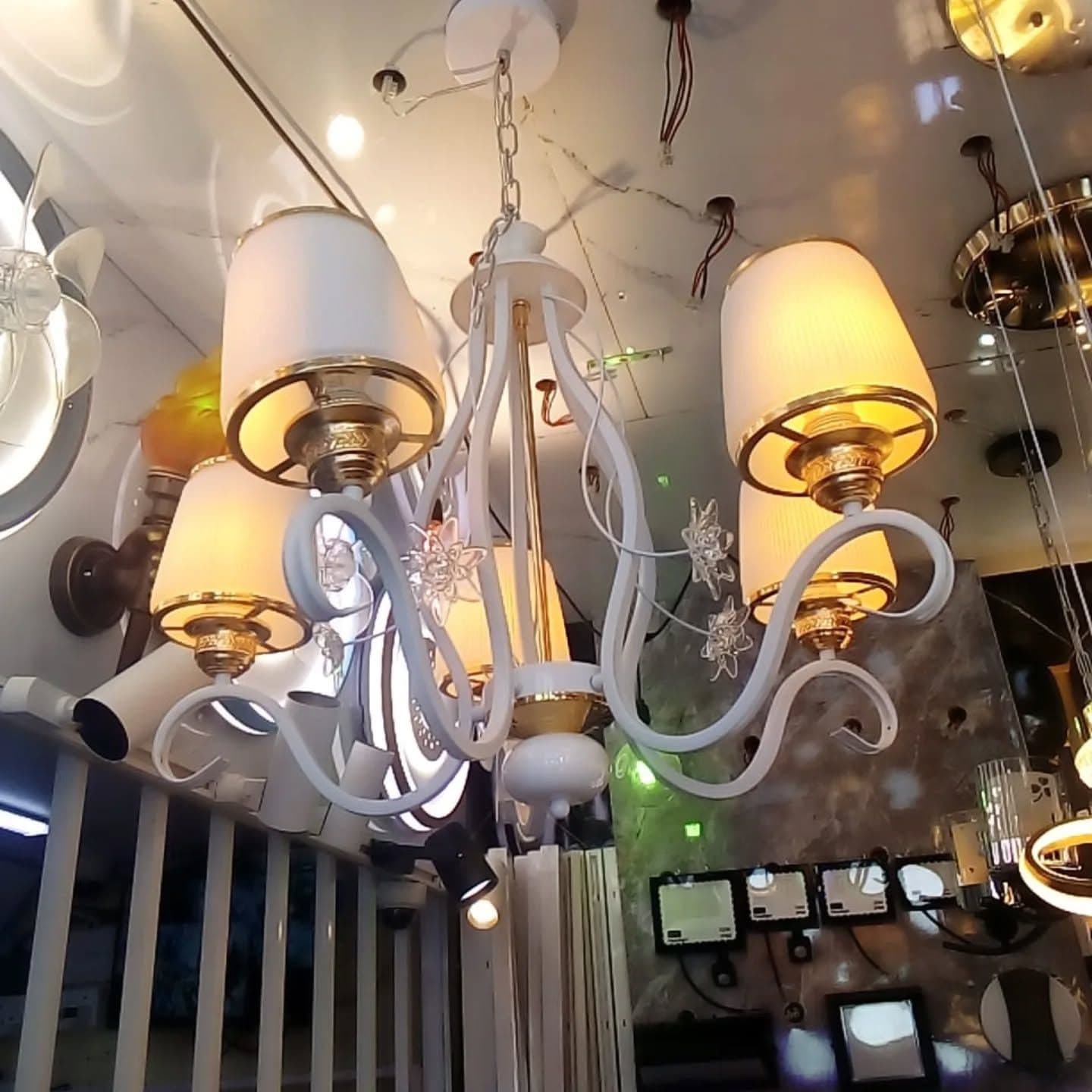 Elegant White Ornate 5-Arm Crystal Chandelier