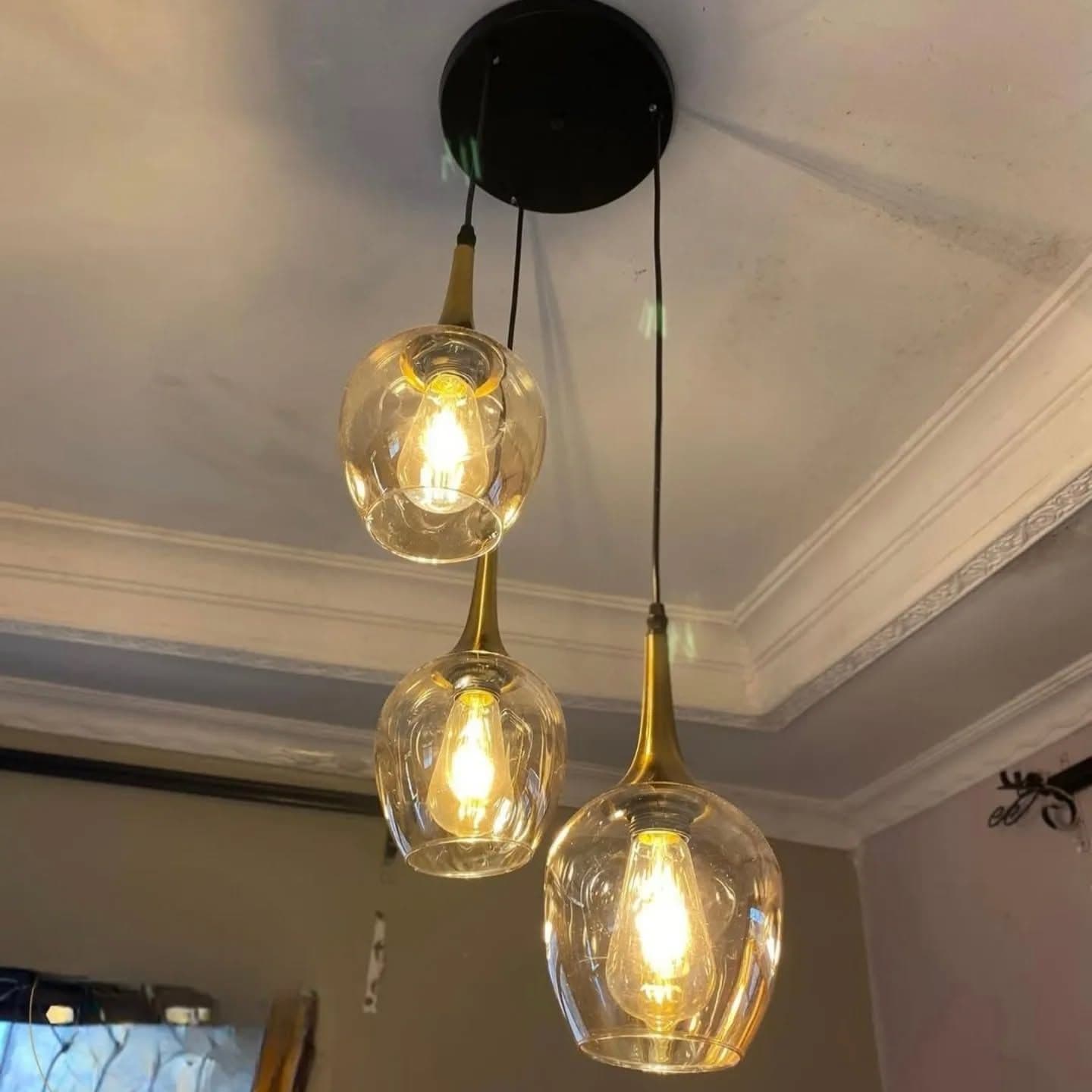 Modern Triple Glass Pendant Light with Gold Accents