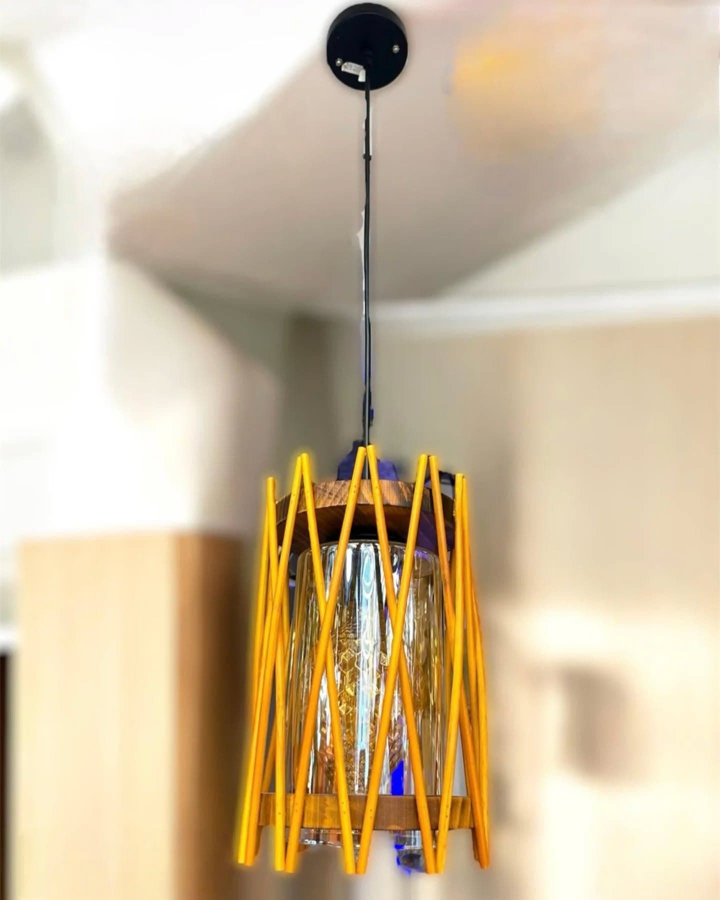 Industrial Yellow Wooden Pendant Light with Textured Glass Shade
